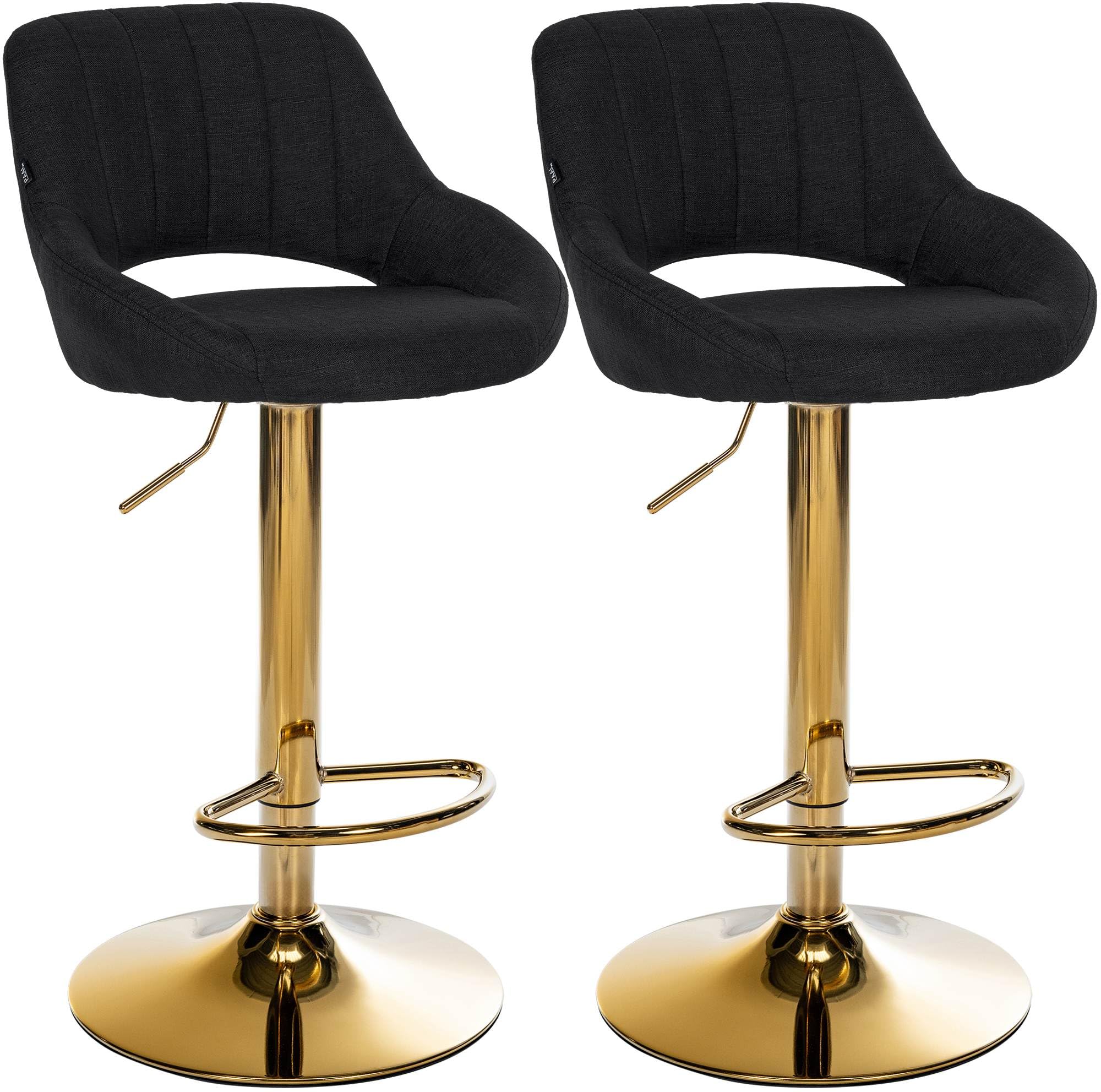 CLP Juego de 2 taburetes de Bar Milet Ajustables en Altura con Respaldo, Asientos Acolchados con tapizado de Tela, | Color Negro Material del Soporte Oro metálico