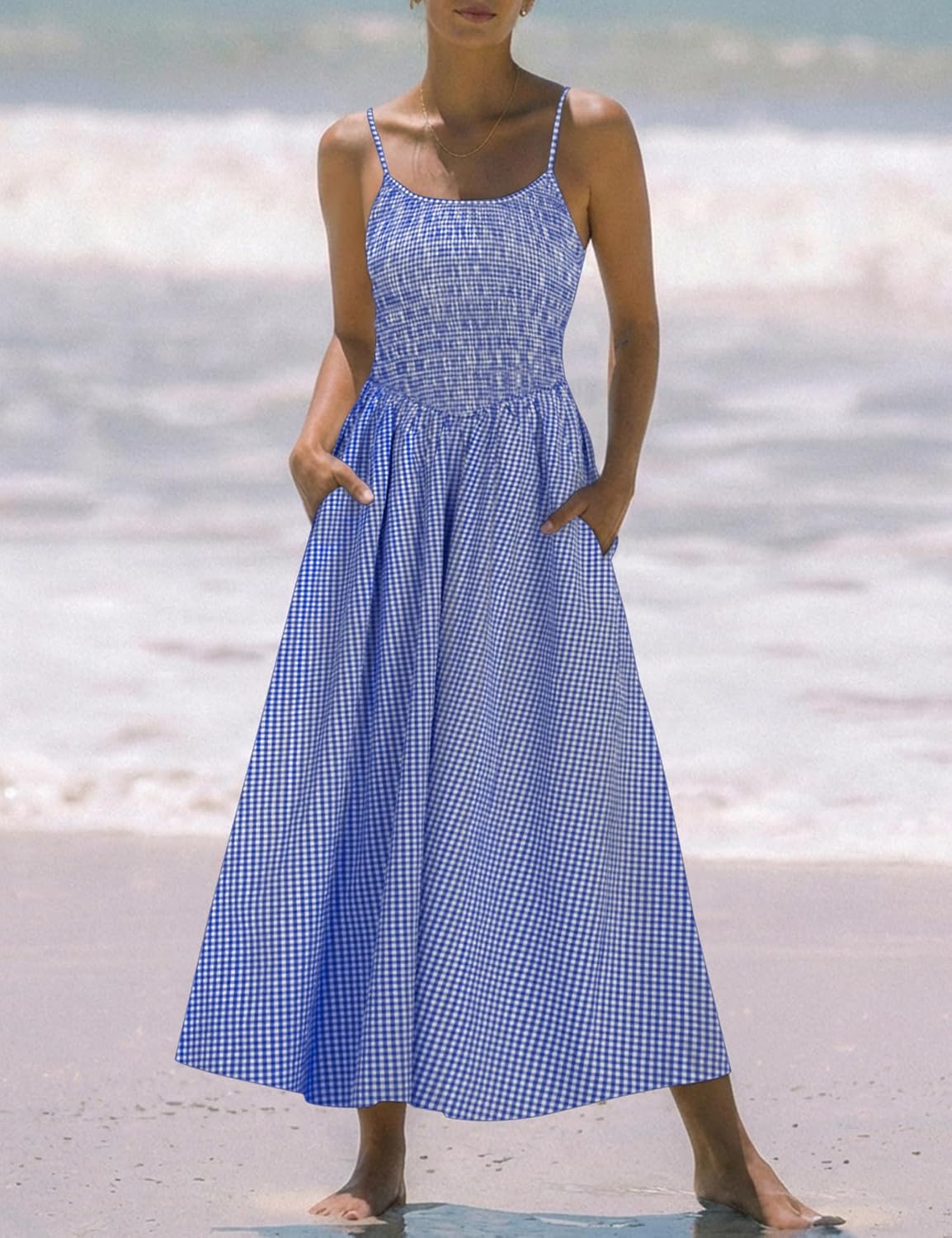 Relipop Women's Summer Midi Dresses 2026 Casual Plaid Sleeveless Spaghetti Strap Smocked Tiered Beach Sundress & Pockets - Image 2