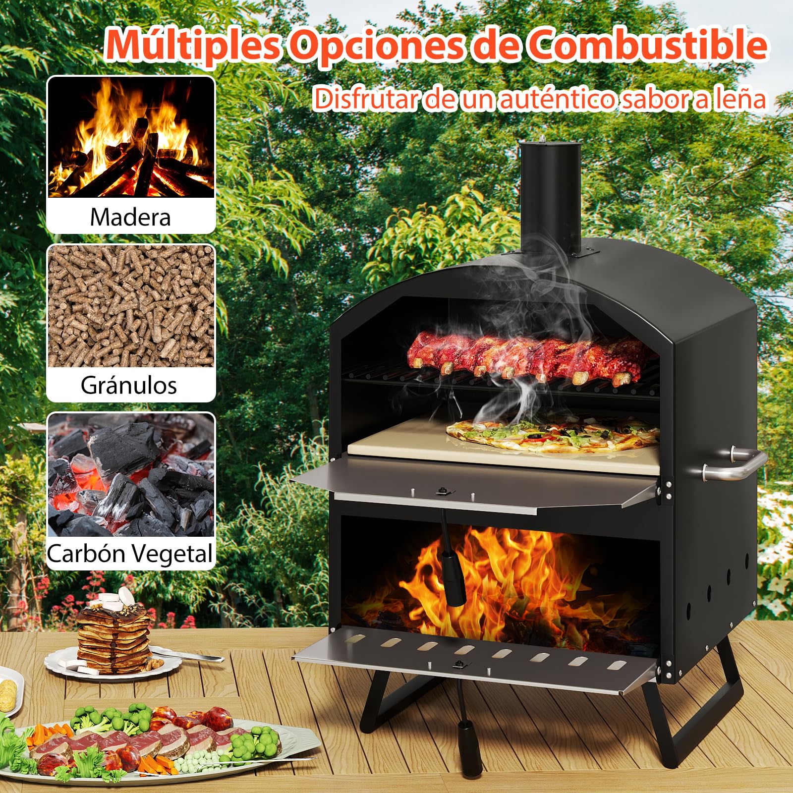 GOPLUS Horno de Pizza 16 Pulgadas Exterior, Horno de Pizza de Leña de 2 Capas con Piedra, Pala y Rejillas para Parrilla, Portátil con Patas Plegables y Cubierta, para Camping, BBQ, 61 x 53 x 83 cm