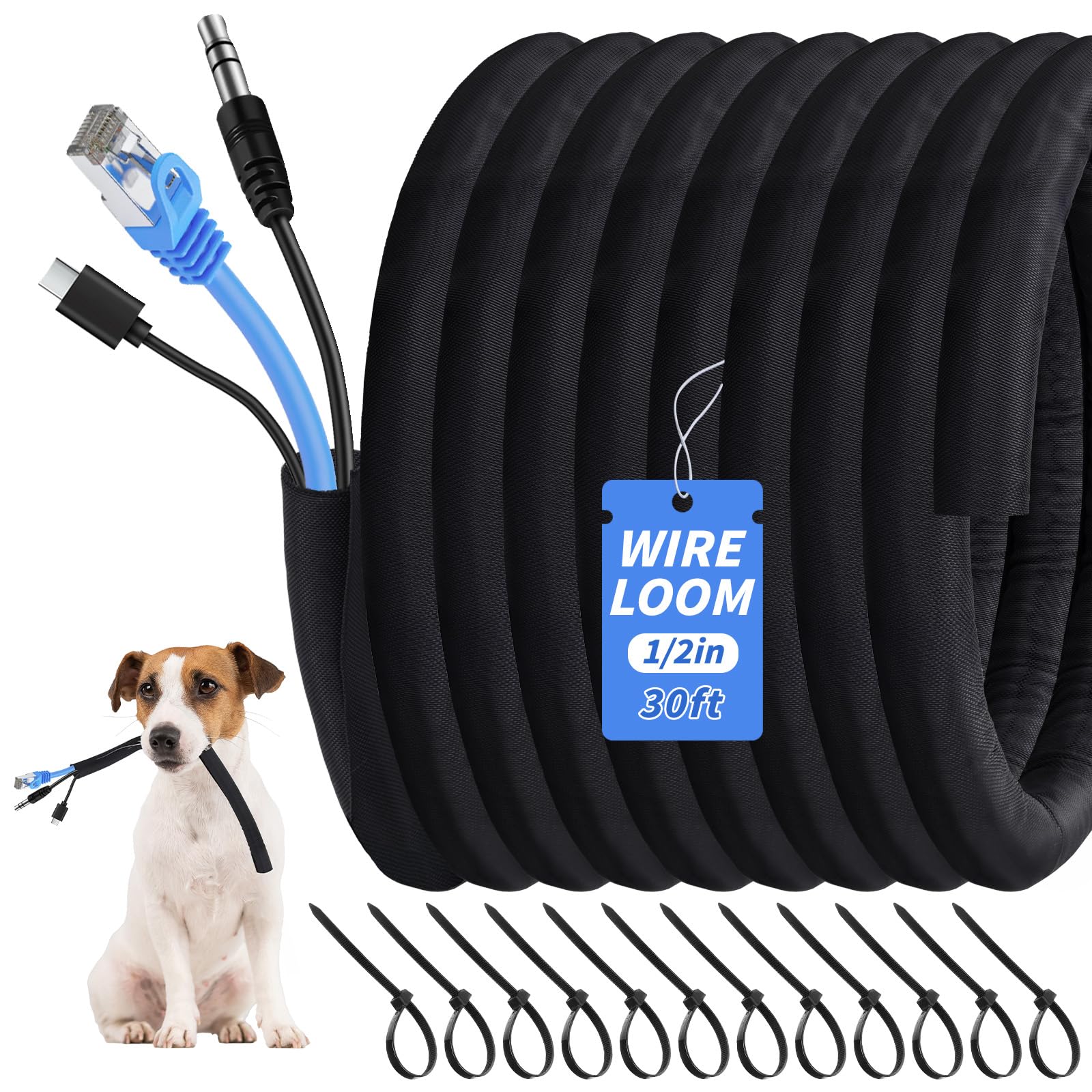 Gestión de cables de manga trenzada dividida de 30 pies, protector de cable de alambre de 1/2 pulgada, autoenvolvente, funda flexible para cables para protección de cables eléctricos de automóviles