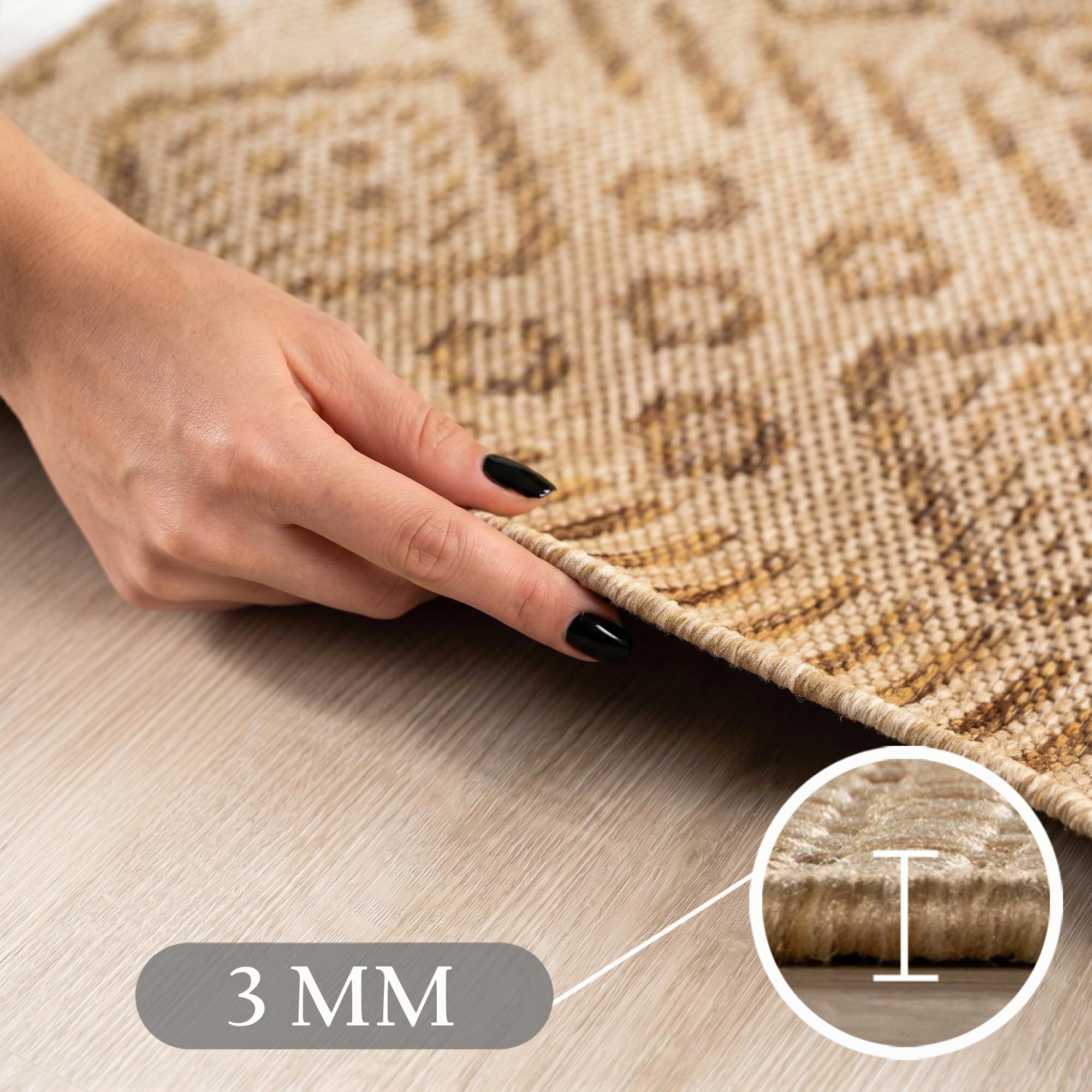 SIMPEX Tapis Extérieur Beige Effet Jute Rond 200 cm Balcon Terrasse Jardin Résistant UV Grand XL Motif Losanges Tissage Plat