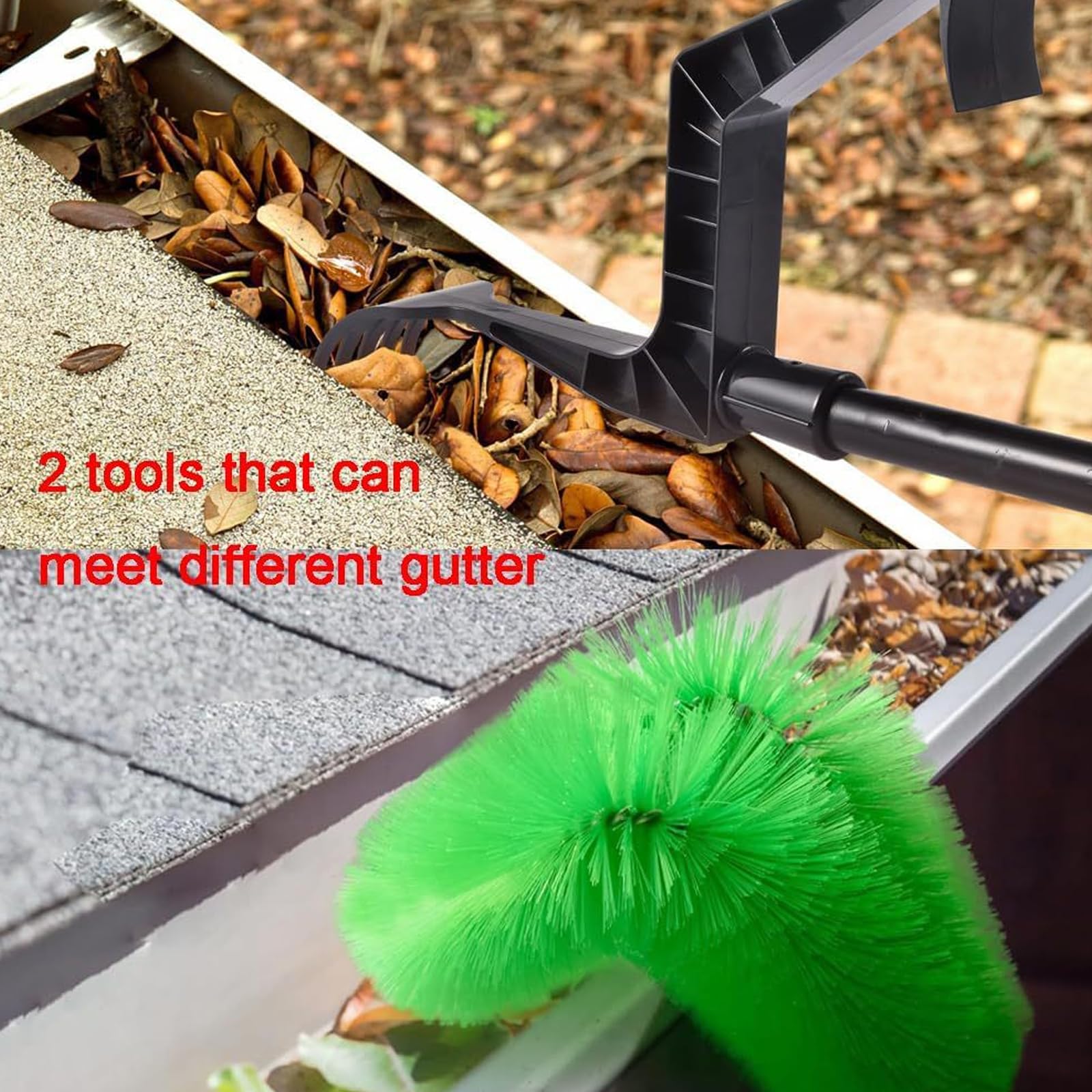 Nettoyeur de gouttières 390 cm - Brosse et cuillère de nettoyage 2 en 1 - Brosse de nettoyage de gouttières avec tige télescopique en acier inoxydable pour feuilles, fenêtres, toits de tuyaux de