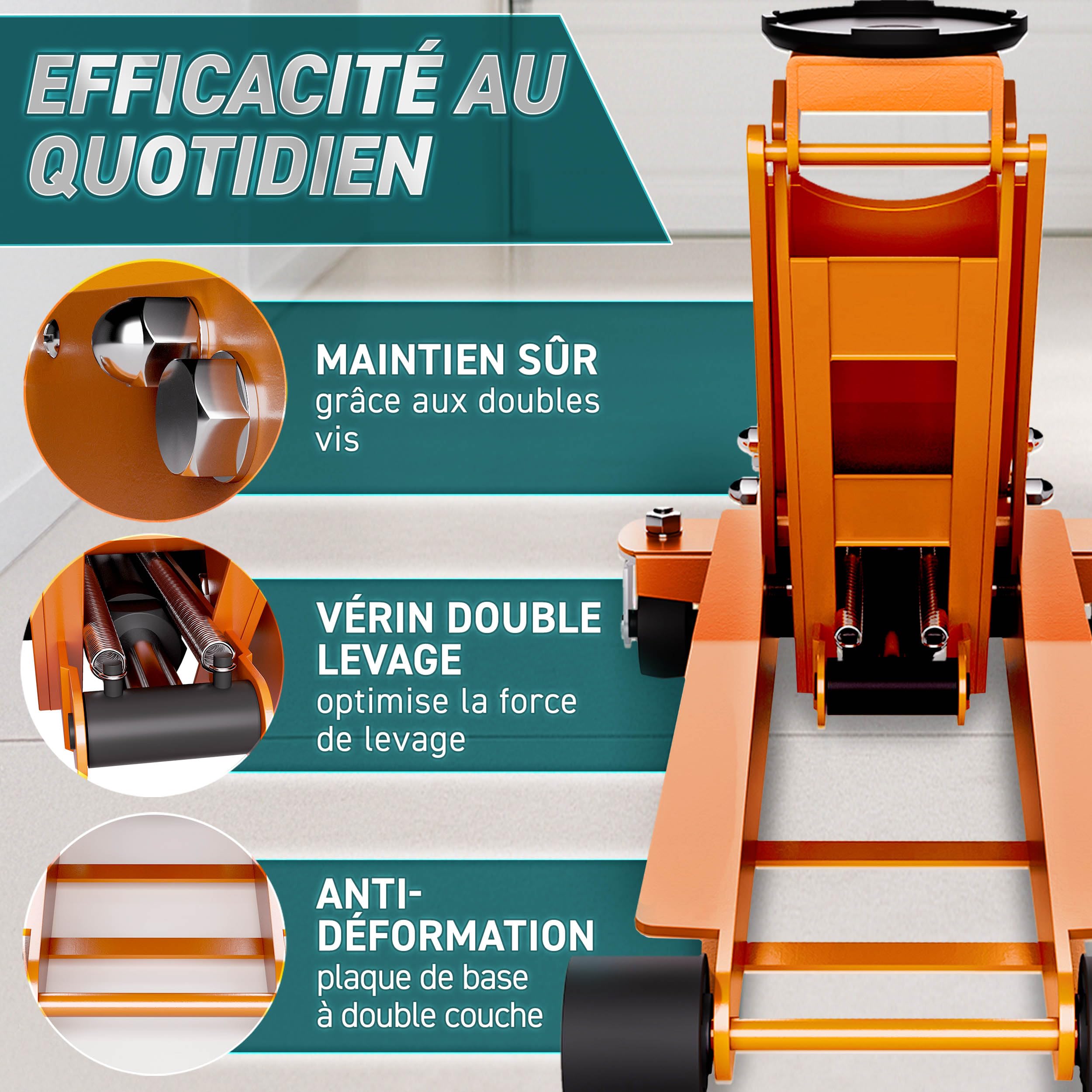 TRESKO Cric hydraulique 3 tonnes - Hauteur de levage 75-510 mm - Cric hydraulique plat avec double piston et roulettes à 360° - Avec 2 patins en caoutchouc, tapis de protection, gants et lame profilée