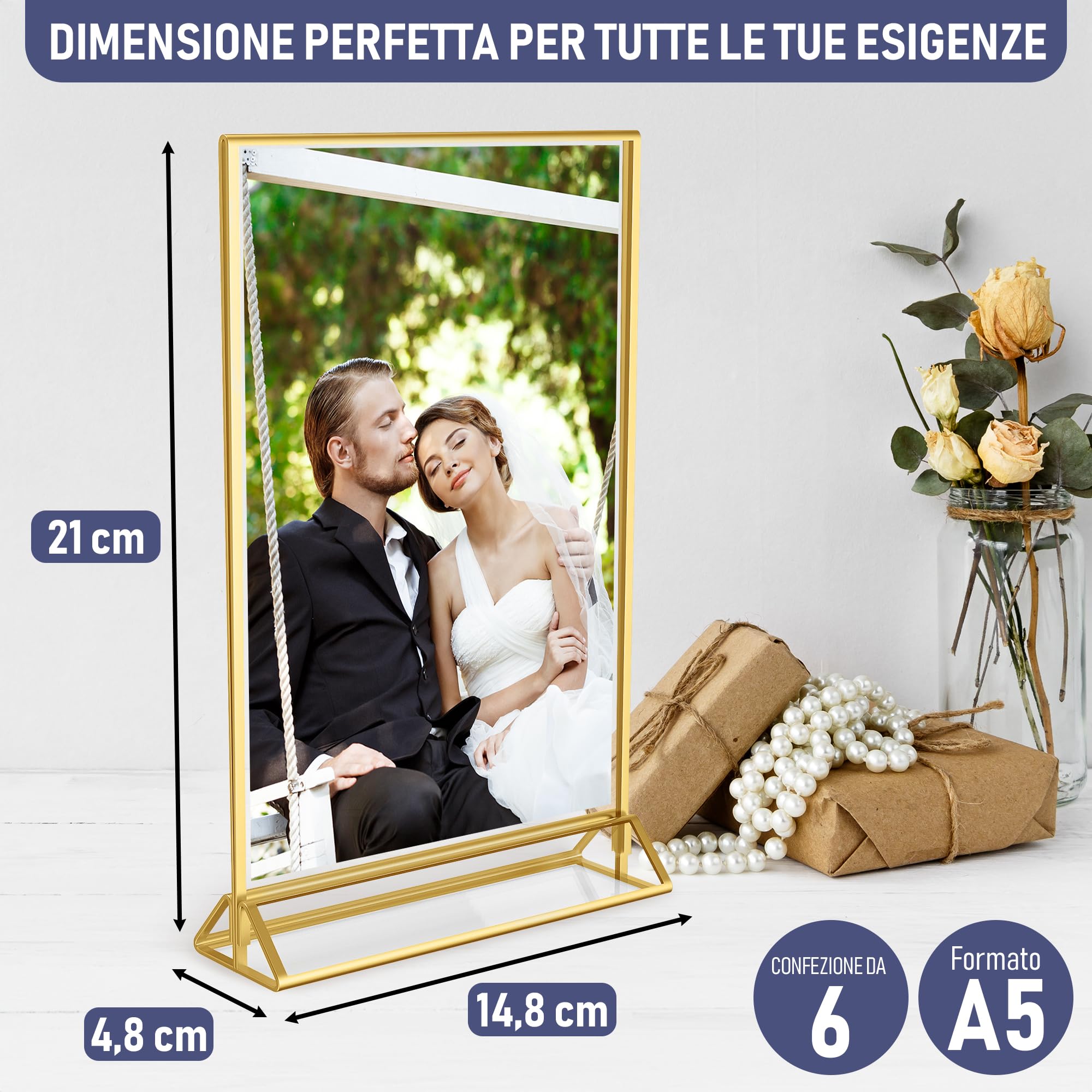 Dasher Products Cornici per Foto in Acrilico Dorato a Doppia Faccia A5-6 Pezzi - Portanumeri da Tavolo, Porta-Brochure da Banco, Supporti Trasparenti per Insegne, Portamenu