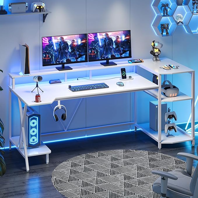 SEDETA White Gaming Desk 70.8'' with LED Lights and Storage Shelves, Computer Desk