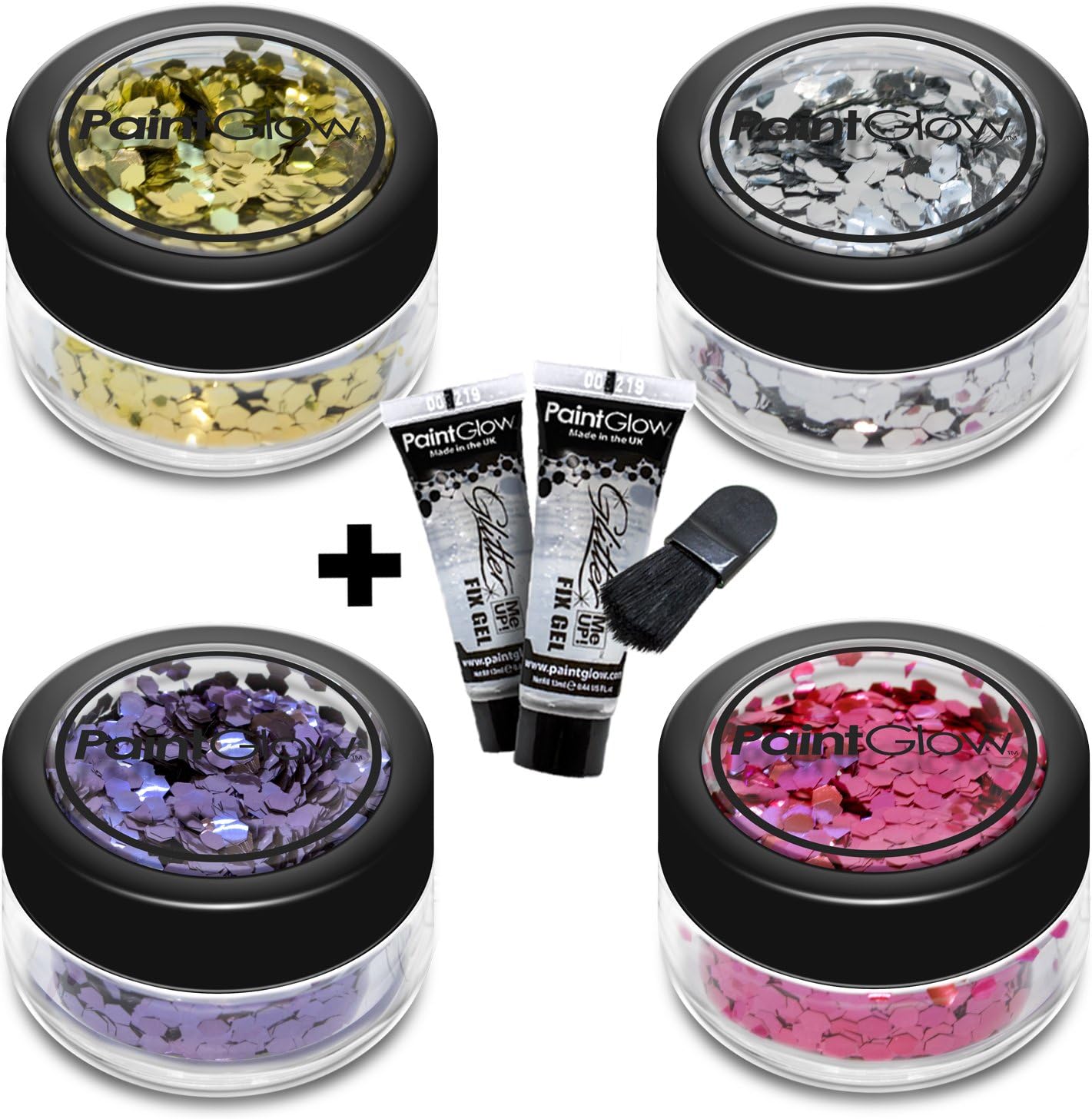 Bio degradable Chunky Glitter from PaintGlow (Vegan) face cosmetic glitters biodegradable chunky Glitter, unicorn glitter, body glitter, face glitter, glitter fix glue, fix gel, bio glitter, festival glitter, loose glitter 2 x fix glue, brush and 4 glitter pots