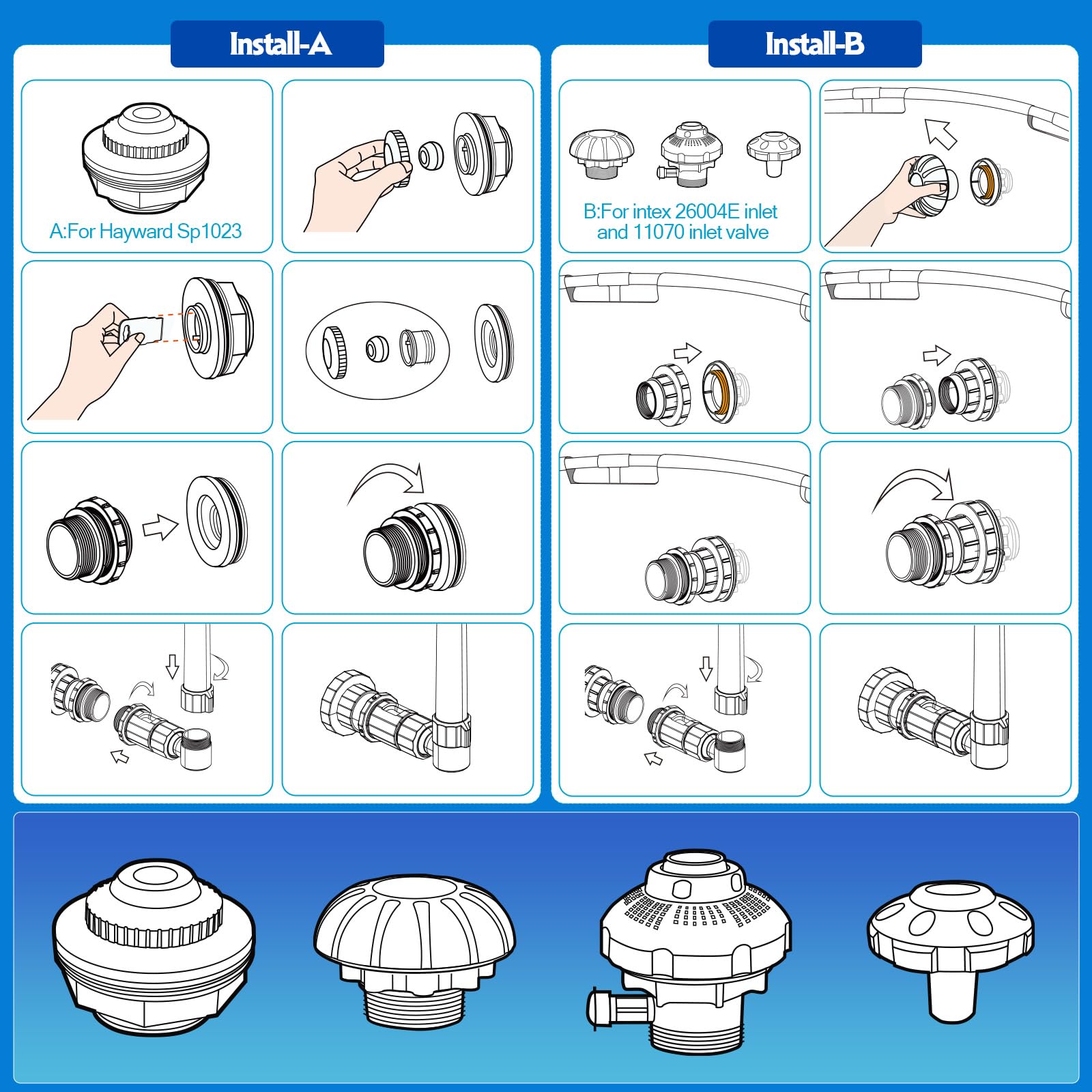 Cascata per Piscina Fuori Terra e Interrata con Luci LED Solari - Fontana a Doppia Testa 2 in 1 Regolabile, Raffredda l'Acqua 5-11°C, Telecomando, Accessorio per Piscine Intex