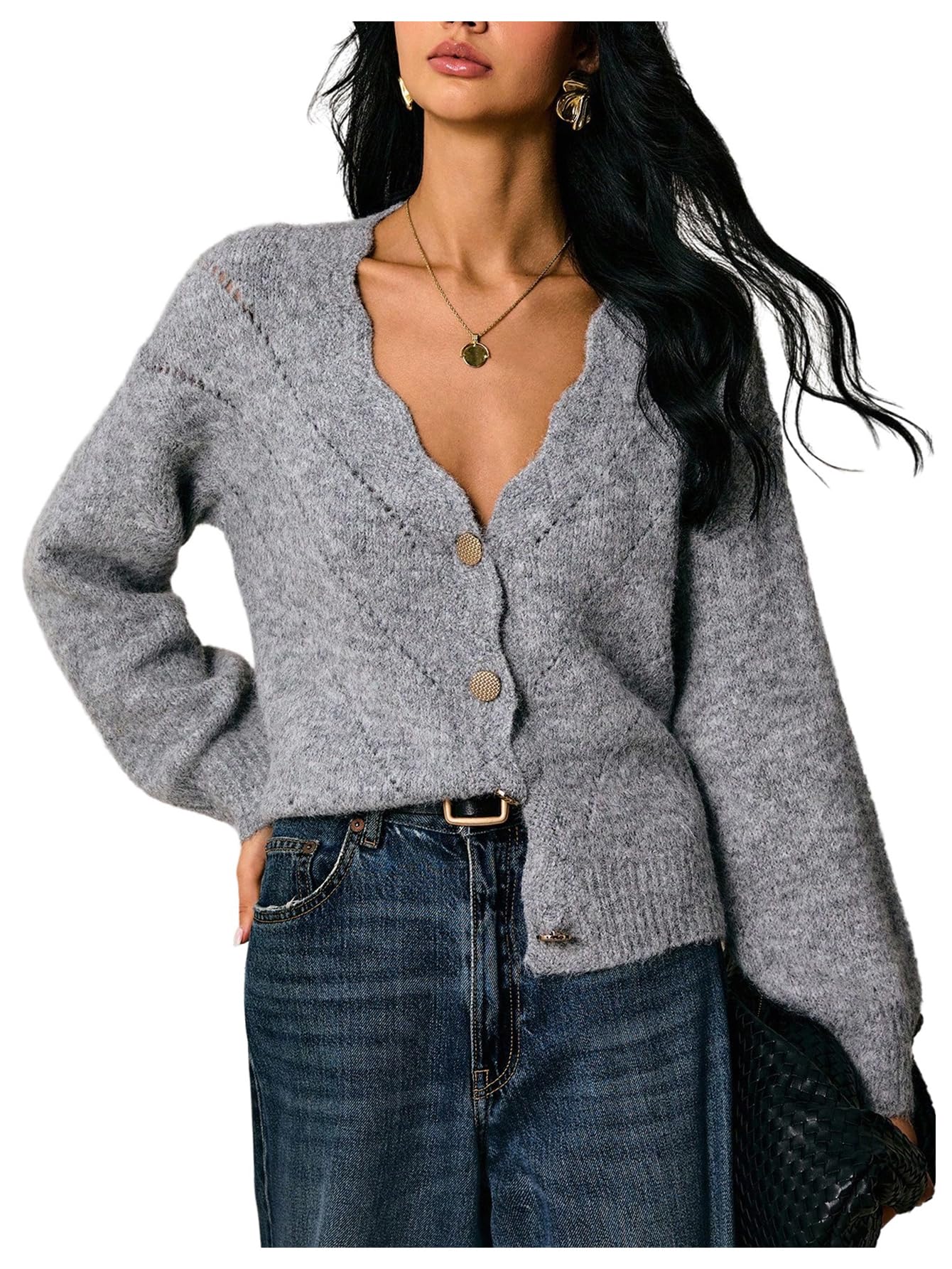 Womens Button Down Cardigans Scalloped Edge Knit Sweater Elegant Fall Tops