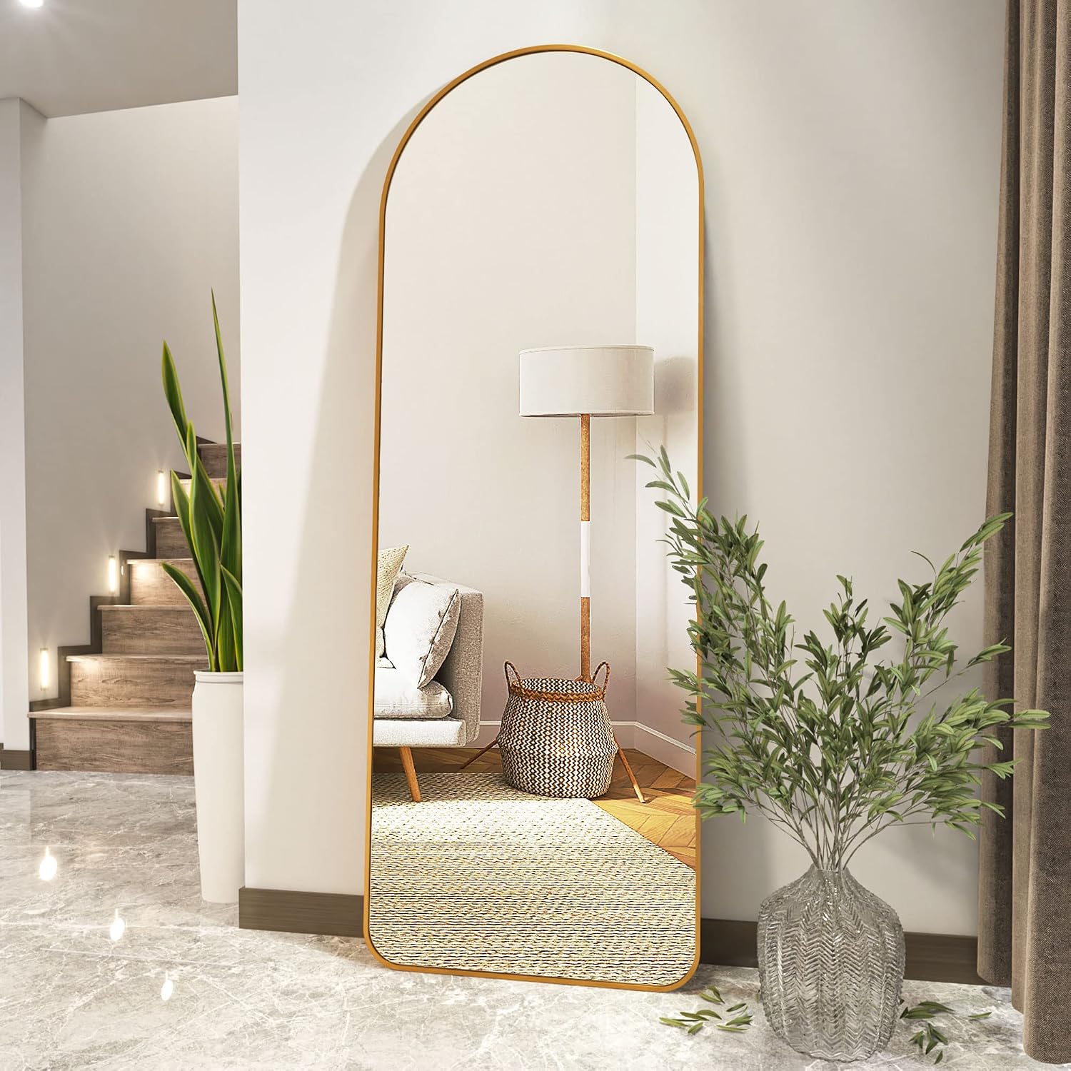 HARRITPURE 64"x21" Arched Full Length Mirror Floor Mirrors with Aluminum Alloy Frame Free-Standing Wall Mounted or Leaning Large Bedroom Dressing Mirror Modern & Contemporary Decor for Home,Gold