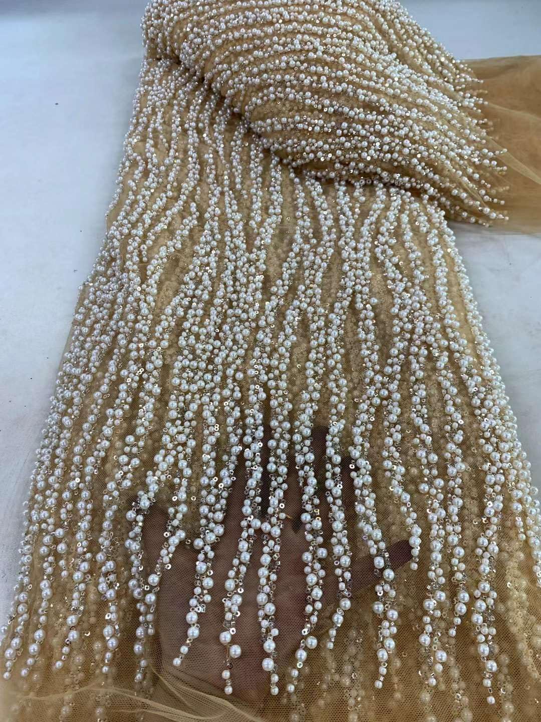 African Heavy Beaded Lace Nigerian Sequin Pearl Lace French Tulle Fabric for Wedding Party Dress (White,5 Yards)