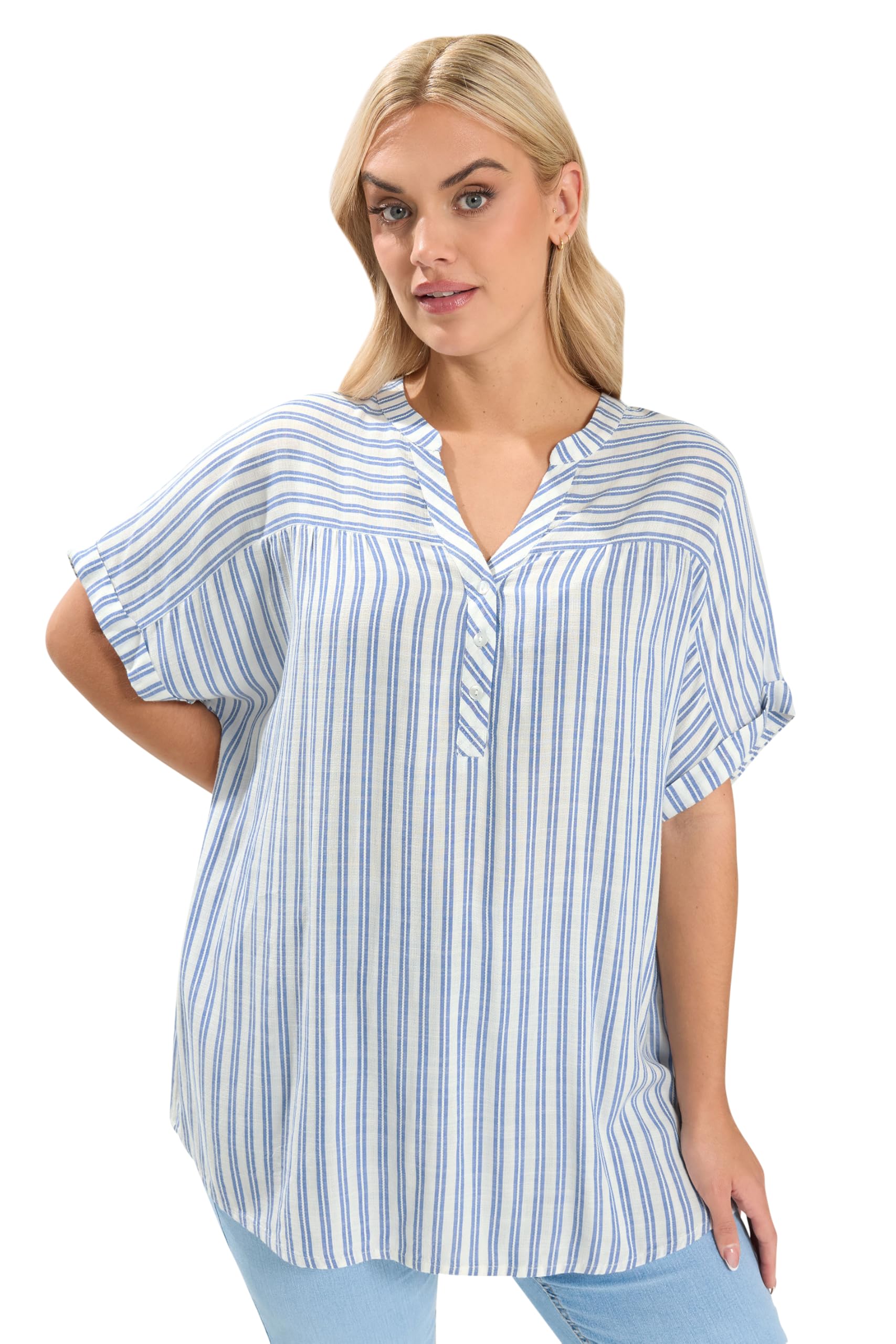 Yours Women's Light Blue Stripe Notch Neck Top In | : 26/28