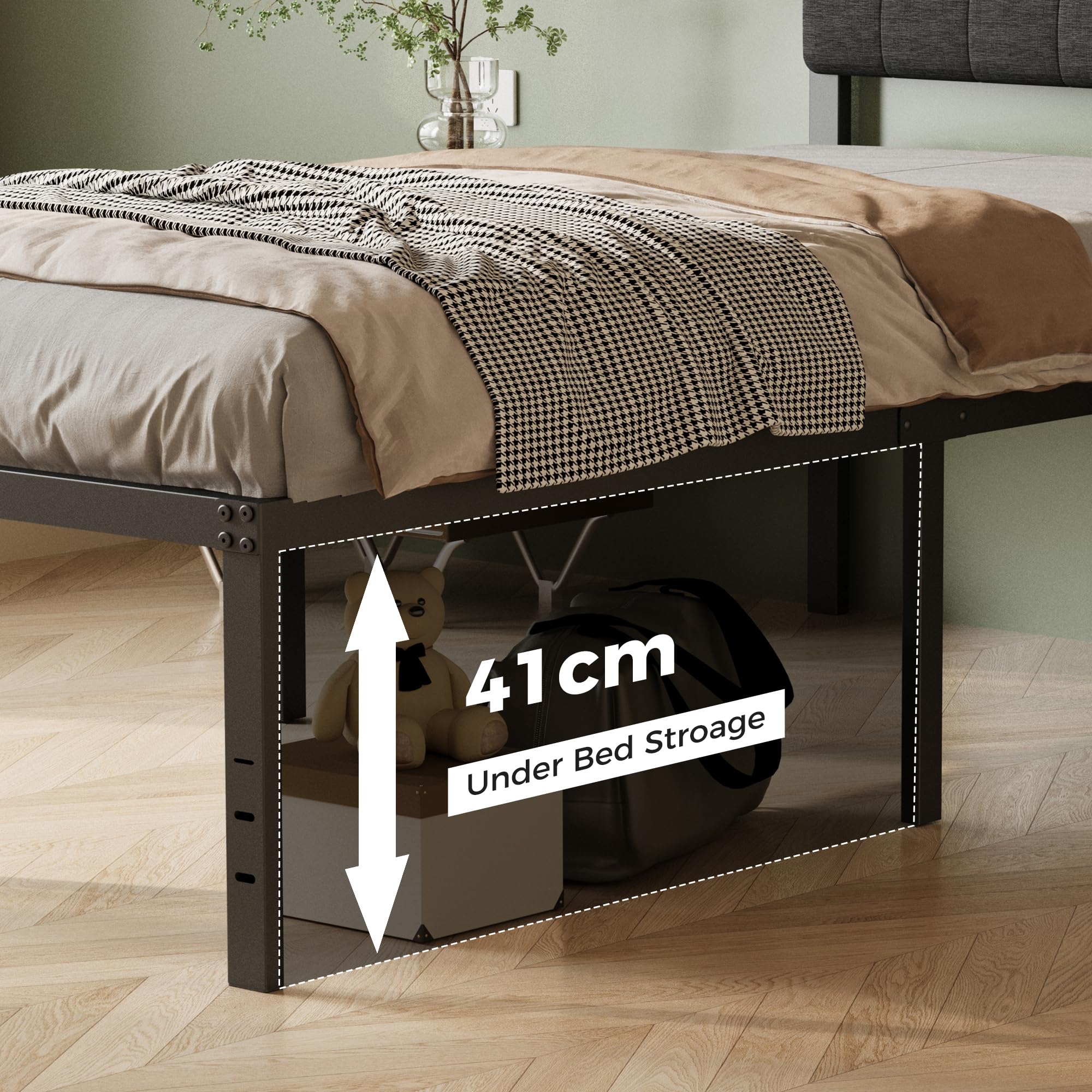 Cama 90x190 con Cabecero Tapizado Curvo, Somier de Metal con Lamas de Acero, Altura 46 cm, Almacenamiento, Negro