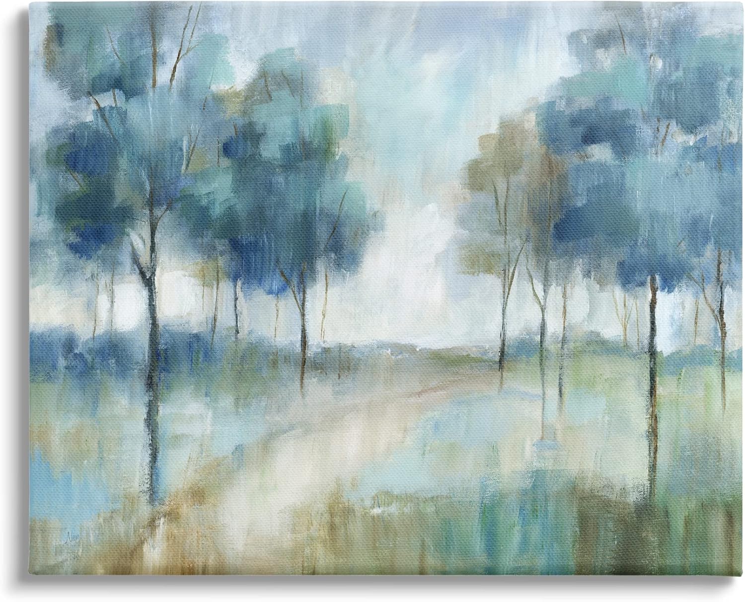 Abstract Blue Woodland Path Trees Canvas Wall Art
