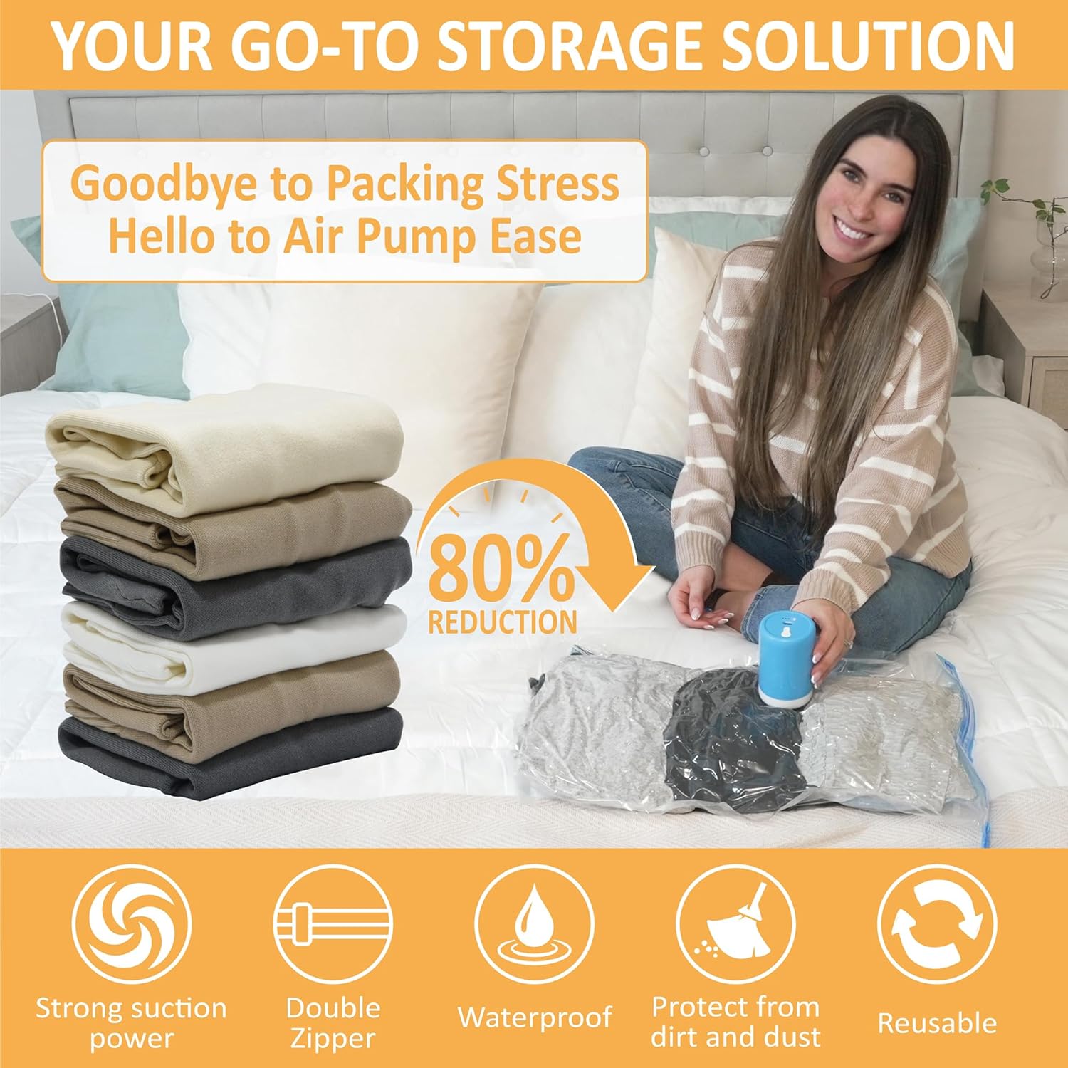 cozy essential 22 pack vacuum storage bags with portable rechargeable wireless electric pump, vacuum seal space saver bags for clothing, pillows, blanket, bedding, comforter 22 pack-e