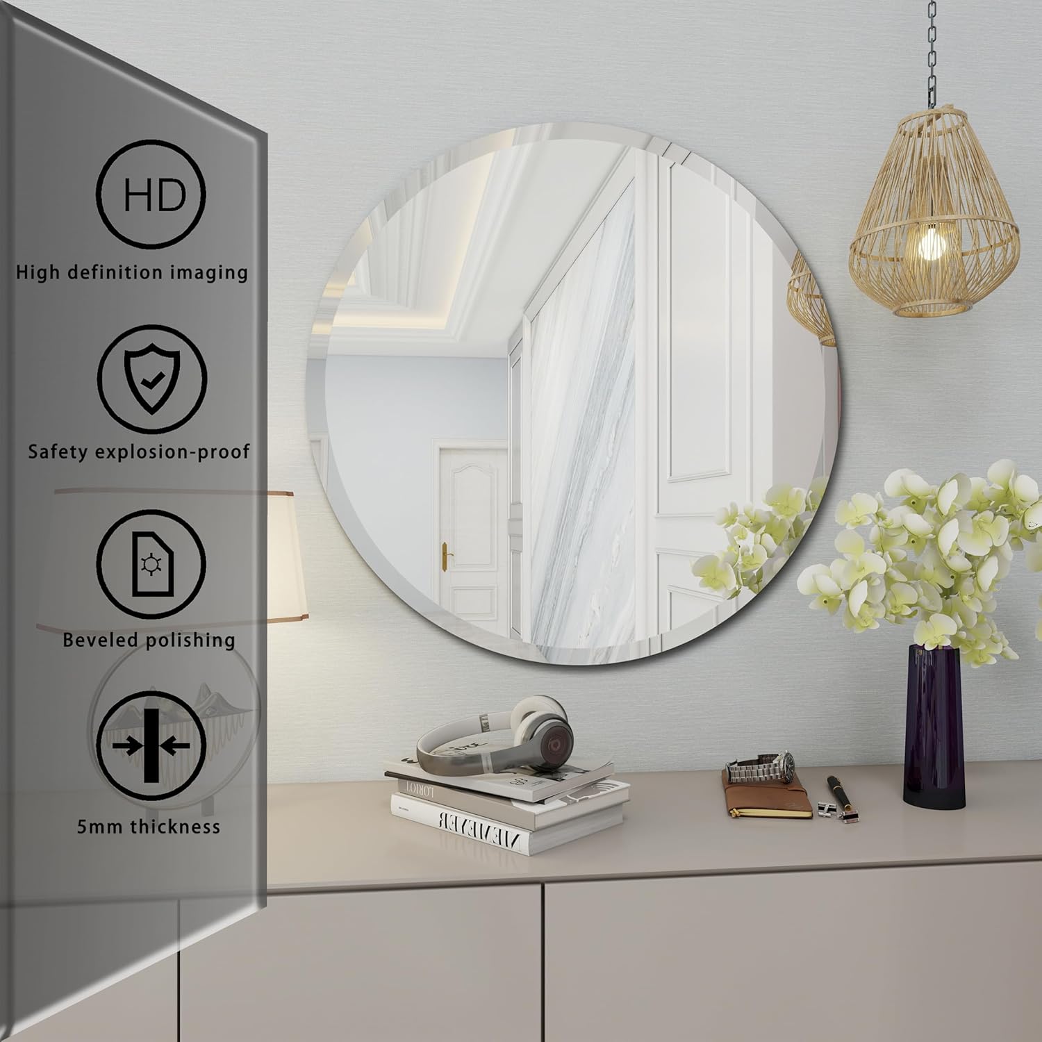 Round Bathroom Mirror, 18 inch Round Frameless Mirror,Frameless Bathroom Mirror, Suitable for Bathroom, Hall, Entry, Modern and Elegant Look (18inch) - Image 6