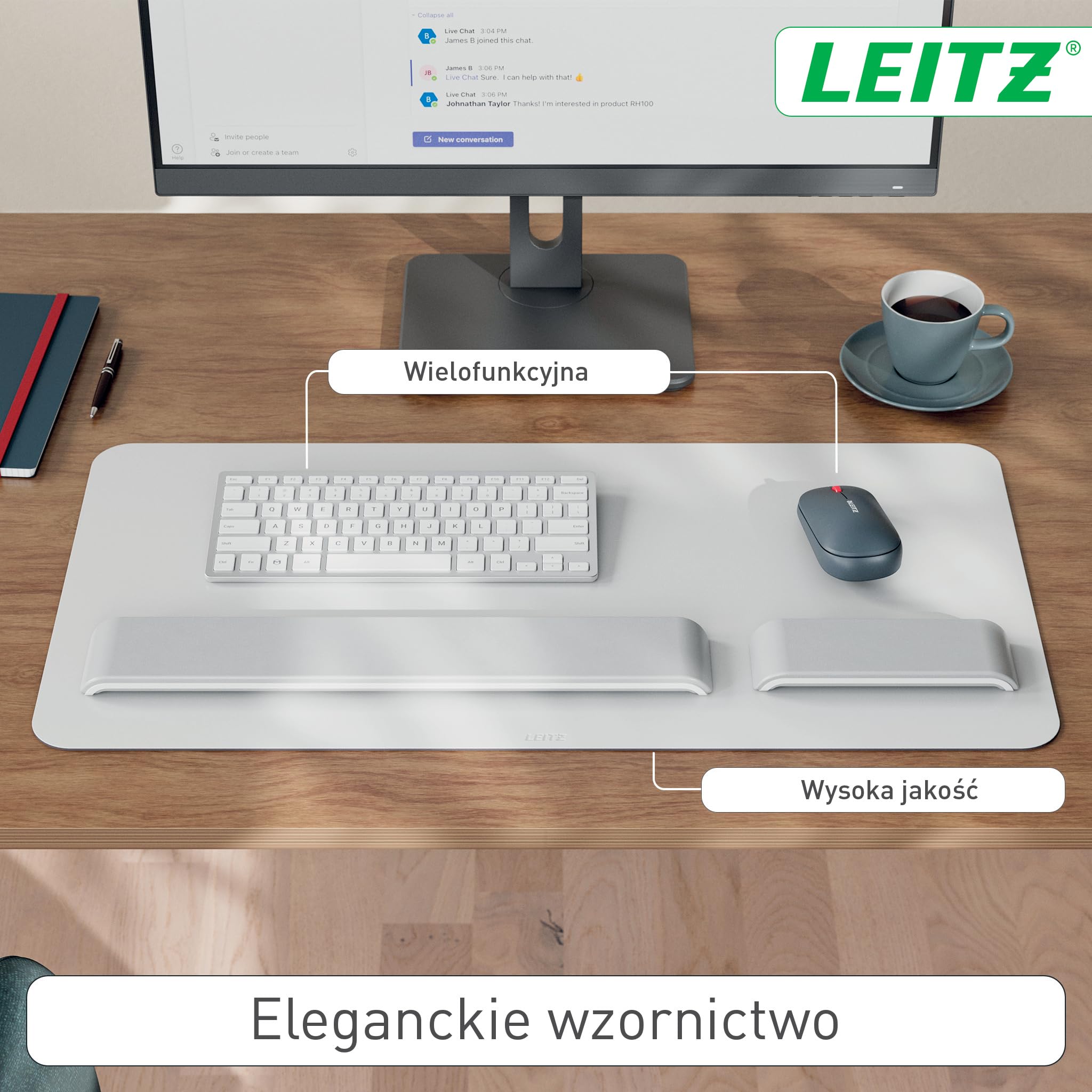 Duża skórzana mata Leitz na biurko – Wielofunkcyjna mata ochronna na biurko wykonana ze skóry pochodzącej z recyklingu, z wysokiej jakości, gładkim wykończeniem, 70 x 36 cm, jasnoszara