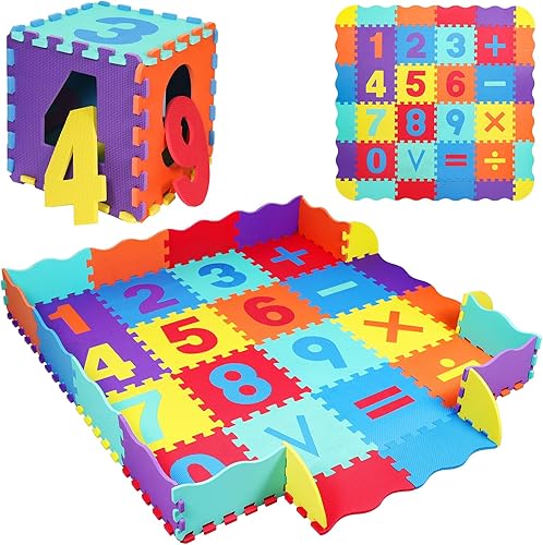 Tapete de juego de espuma, 36 azulejos de espuma entrelazados con valla, grosor de 0.4 pulgadas, 56 x 56 pulgadas, tapete de juego de rompecabezas