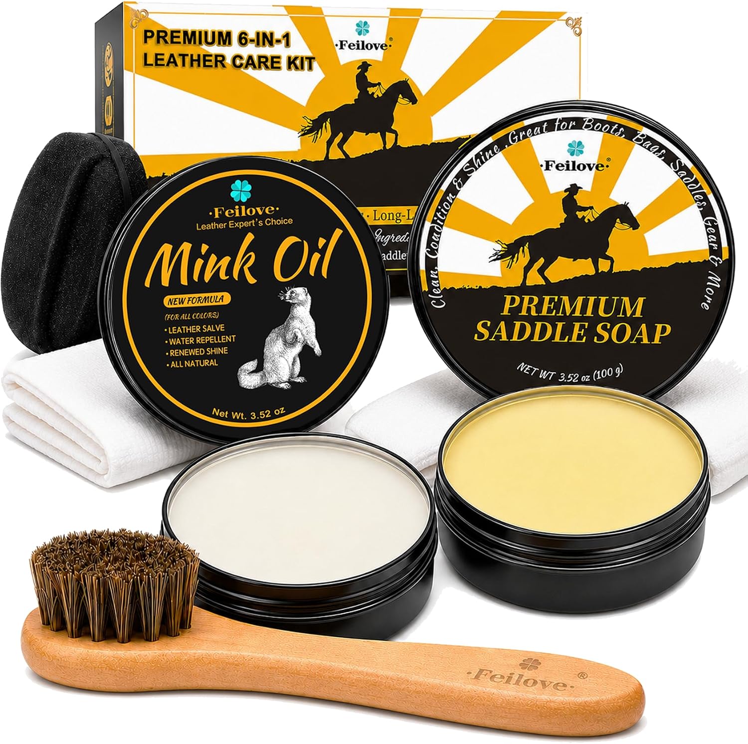 Feilove Saddle Soap & Mink Oil Leather Cleaner & Conditioner Kit, 6-Piece