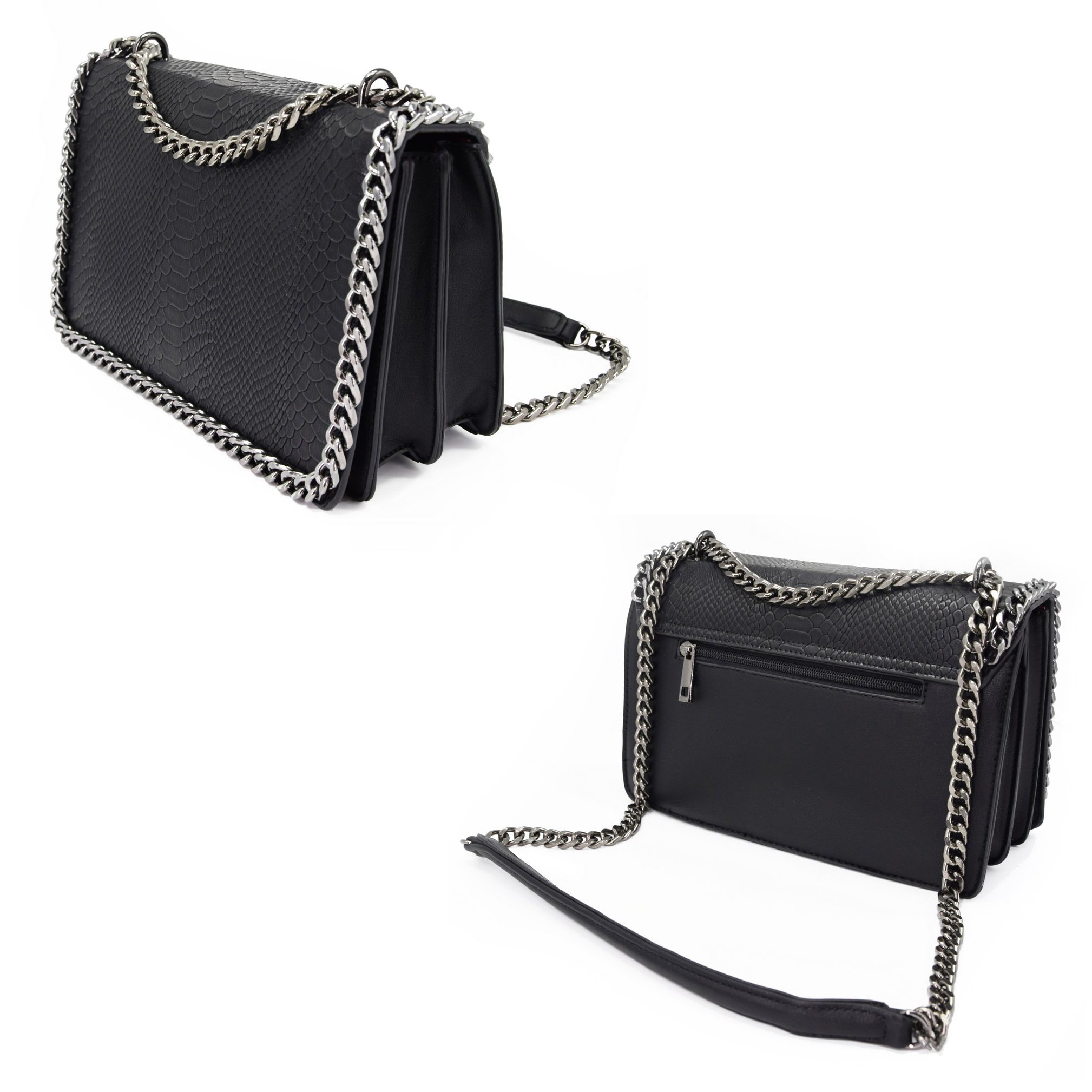 CRAZYCHIC - Damen Kette Umhängetasche - Schlange Leder Gesteppte Klappe Schultertasche - Python Steppmuster Abendtasche Pochette Kettentasche - Frauen Modische Handtasche Trendy Tasche - Schwarz