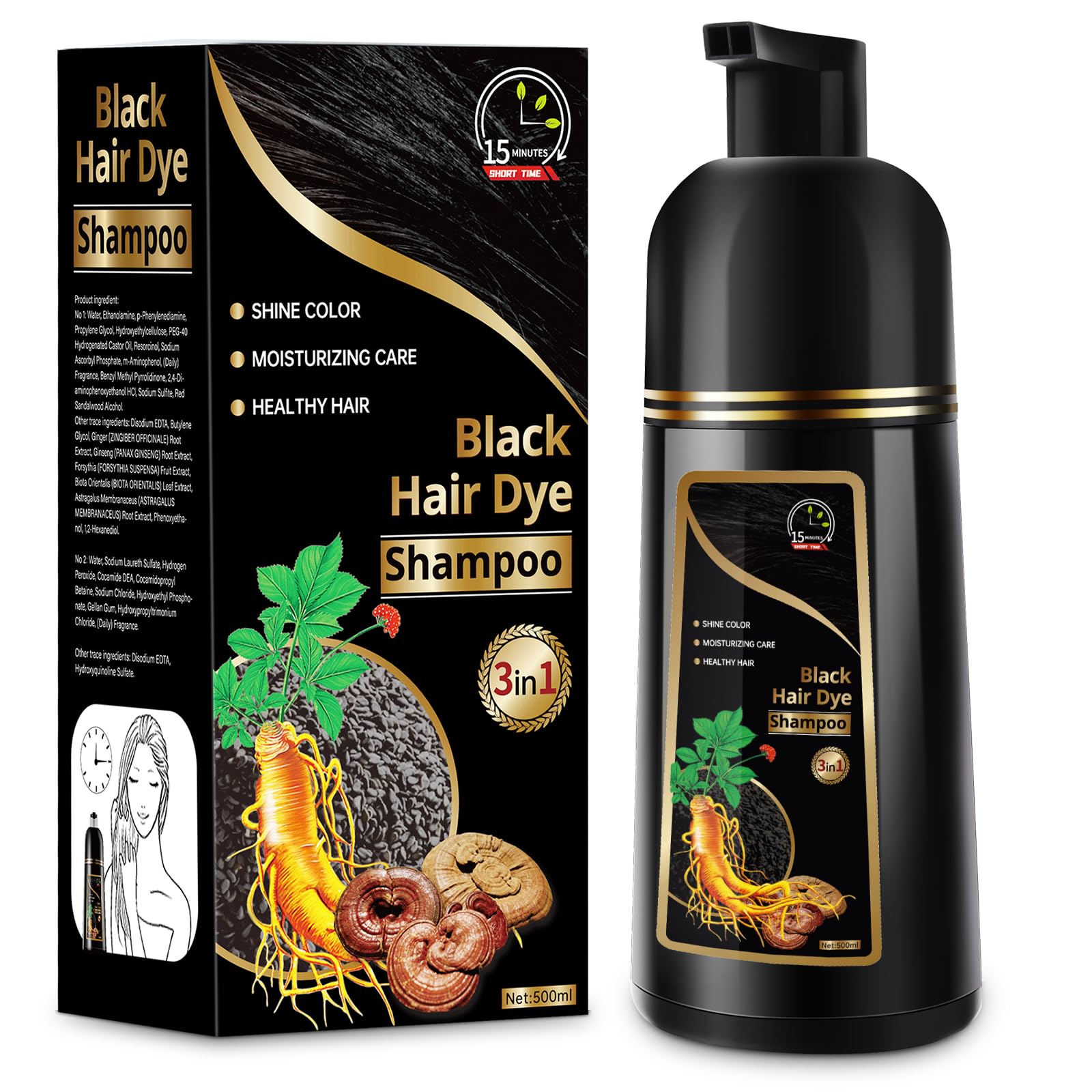 TemgofeauHair Dye Shampoo for Gray Hair, 3 in 1 Herbal Dye for Women Men, Hair Color Shampoo 500ml (Black)