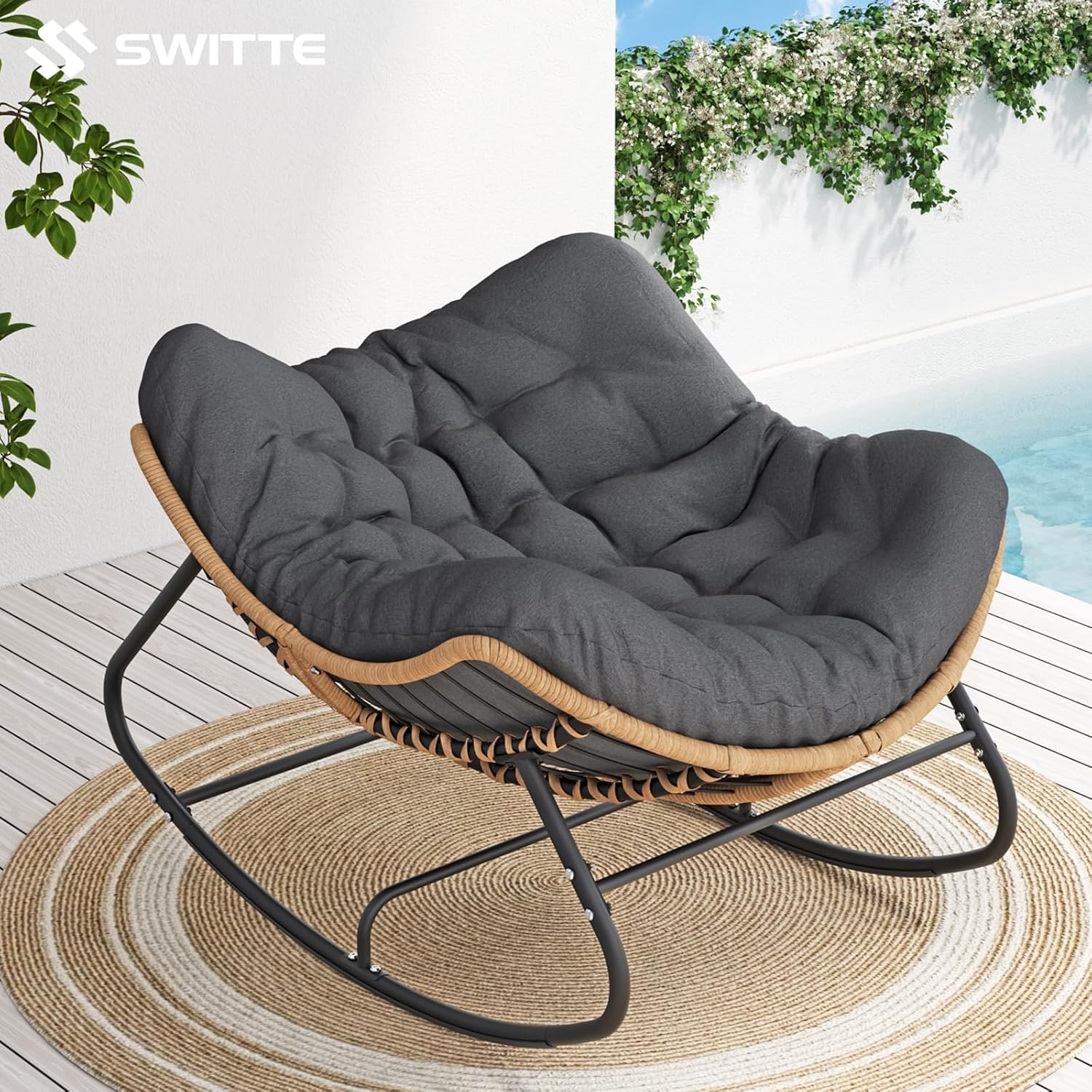 SWITTE Outdoor Rocking Chair, Oversized Patio Papasan Rocker, Comfy Wicker Reading Lounge, Indoor Egg Chair for Bedroom, Living Room, Porch, Garden, Lawn-Dark Grey 1 81etpzsSrBL. AC SL1500