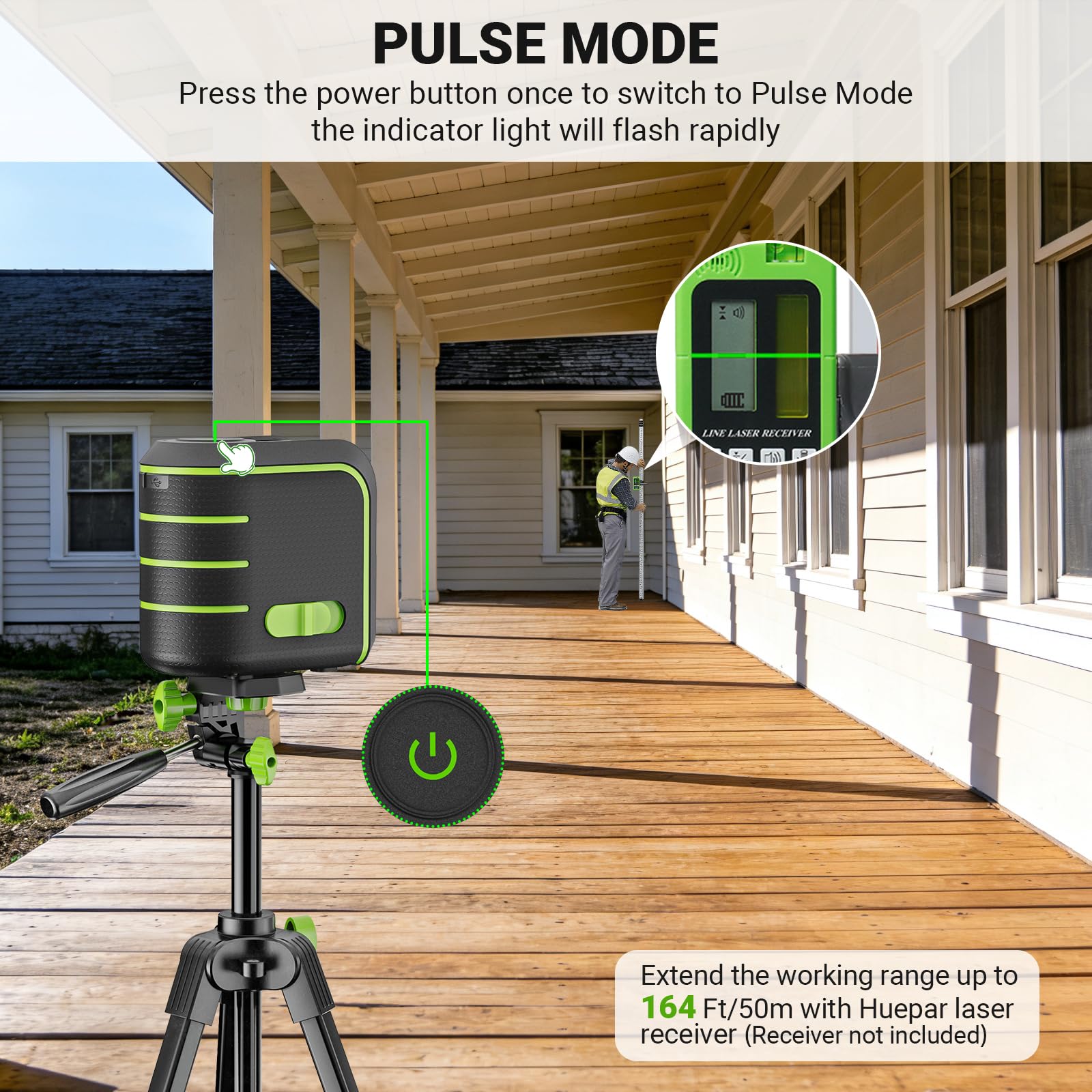 Huepar Livella Laser Verde Autolivellante con Treppiede 150 cm – U011GTP | Linee Incrociate,Resistente a Cadute da 100cm,Base Magnetica 360°,Modalità Impulso 50m per Piastrellisti e Ristrutturazioni