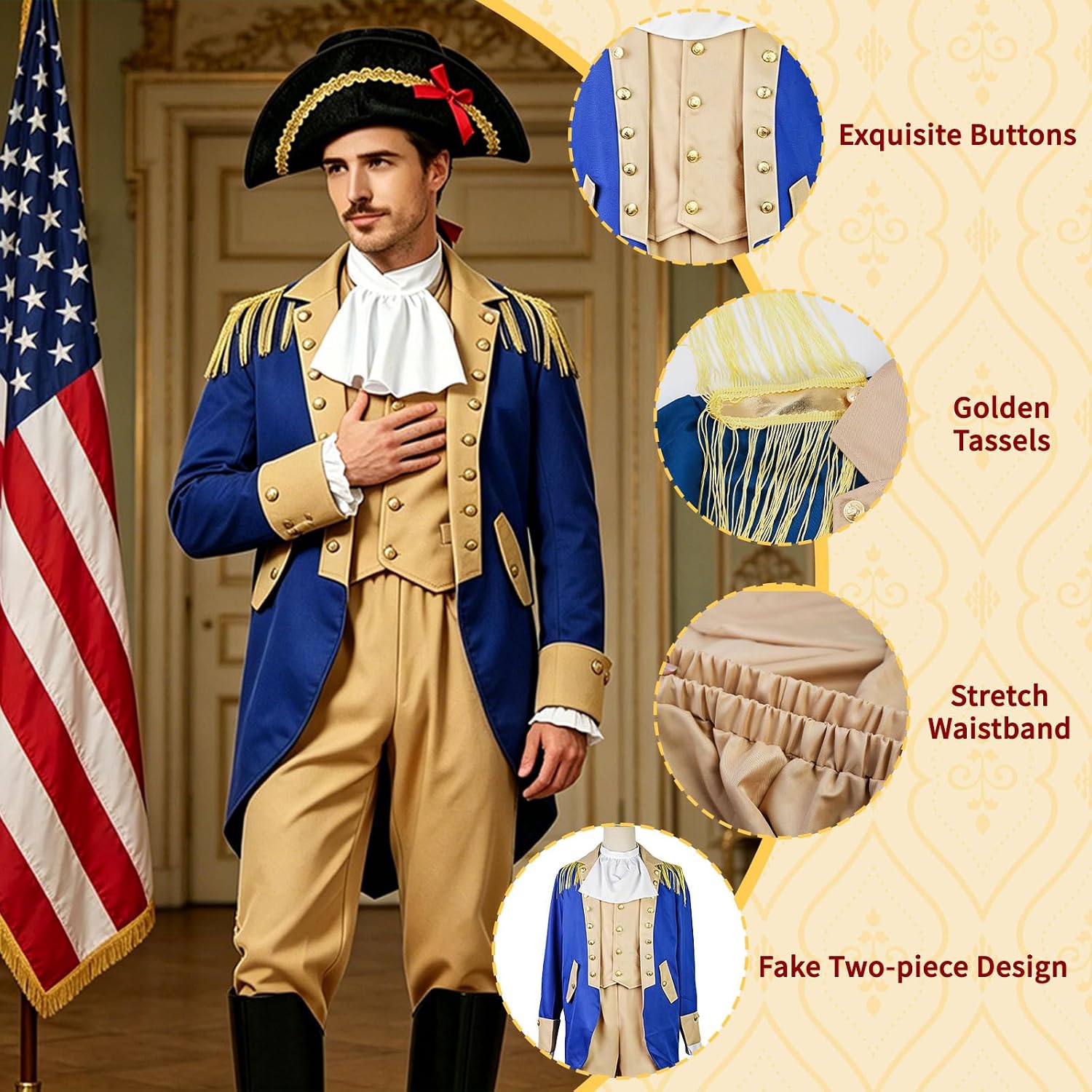Men's Founding Fathers Costume Hamilton Colonial Costume | Men Adult Colonial Costume for Halloween, 4th of July, President's Day with Wig Outwear Pant Hat