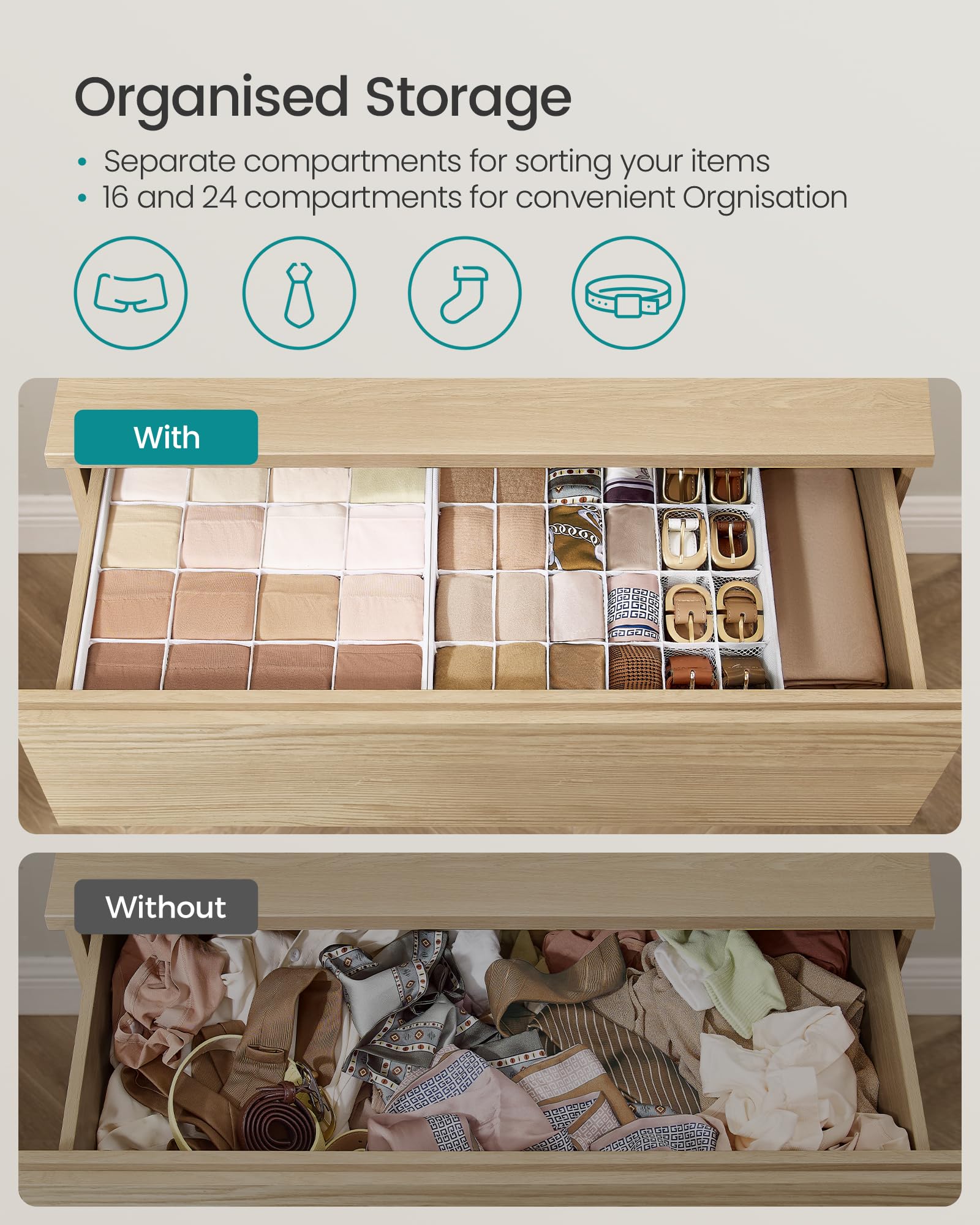 SONGMICS Set of 4 Drawer Organisers, 80 Compartments (2x16+2x24), Foldable Closet Organiser, 30 x 30 x 10 cm - Image 4
