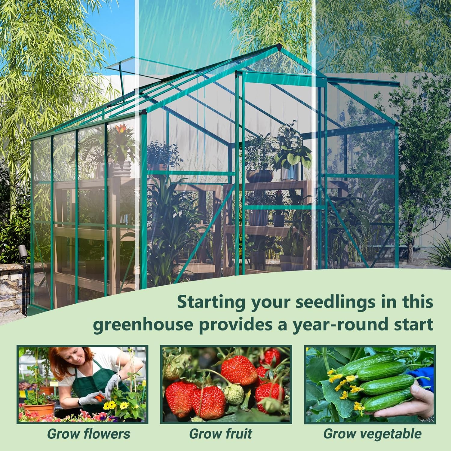 6x8 FT Walk-in Greenhouse Kit with Polycarbonate Panels & Aluminum Frame, Green Houses for Outside with 2 Vents, Greenhouses for Outdoors with Lockable Door, Backyard Discovery Greenhouse (Green)