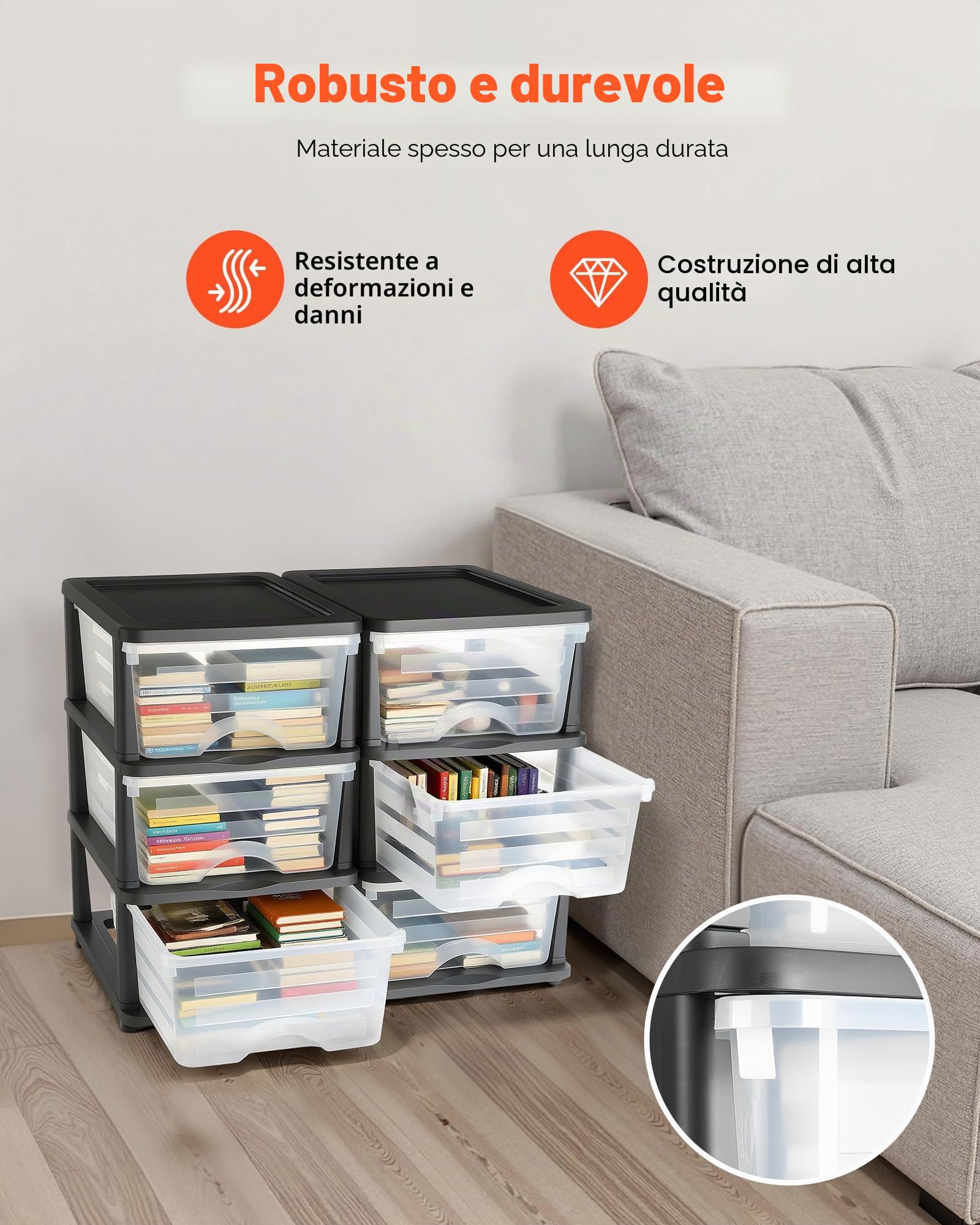 VEVOR Cassetti Portaoggetti in Plastica, Torre Portaoggetti a 6 Cassetti, Scatola per Stoccaggio a 3 Livelli, Contenitori Trasparenti per Forniture per Ufficio, Stanze per hobby, Aule, Casa