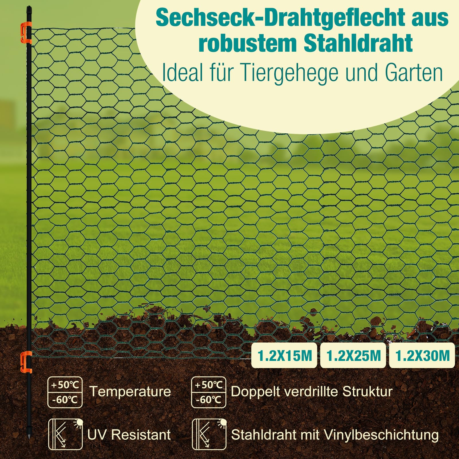 Begrenzungszaun/Maschendrahtzaun mobiler Hühnerzaun & Hundezaun, 120 cm, Kunststoff beschichtet, Geflügelzaun Set, 15 m / 25 m / 30 m, Steckzaun mit Fiberglaspfosten für Garten & Tiergehege