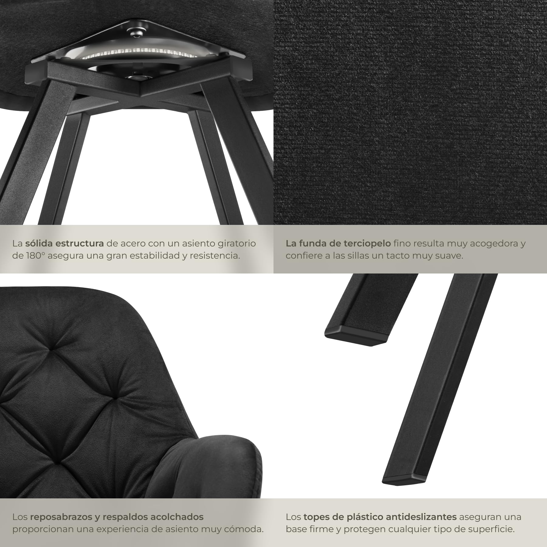 tectake® Silla Giratoria de Terciopelo, Diseño Acolchado, Sillas de Comedor con Patas de Acero, Amplio Asiento, Respaldo Continuo, Giro 180°, Sillas Cocina, Sillas Comedor - 1 Silla Negro