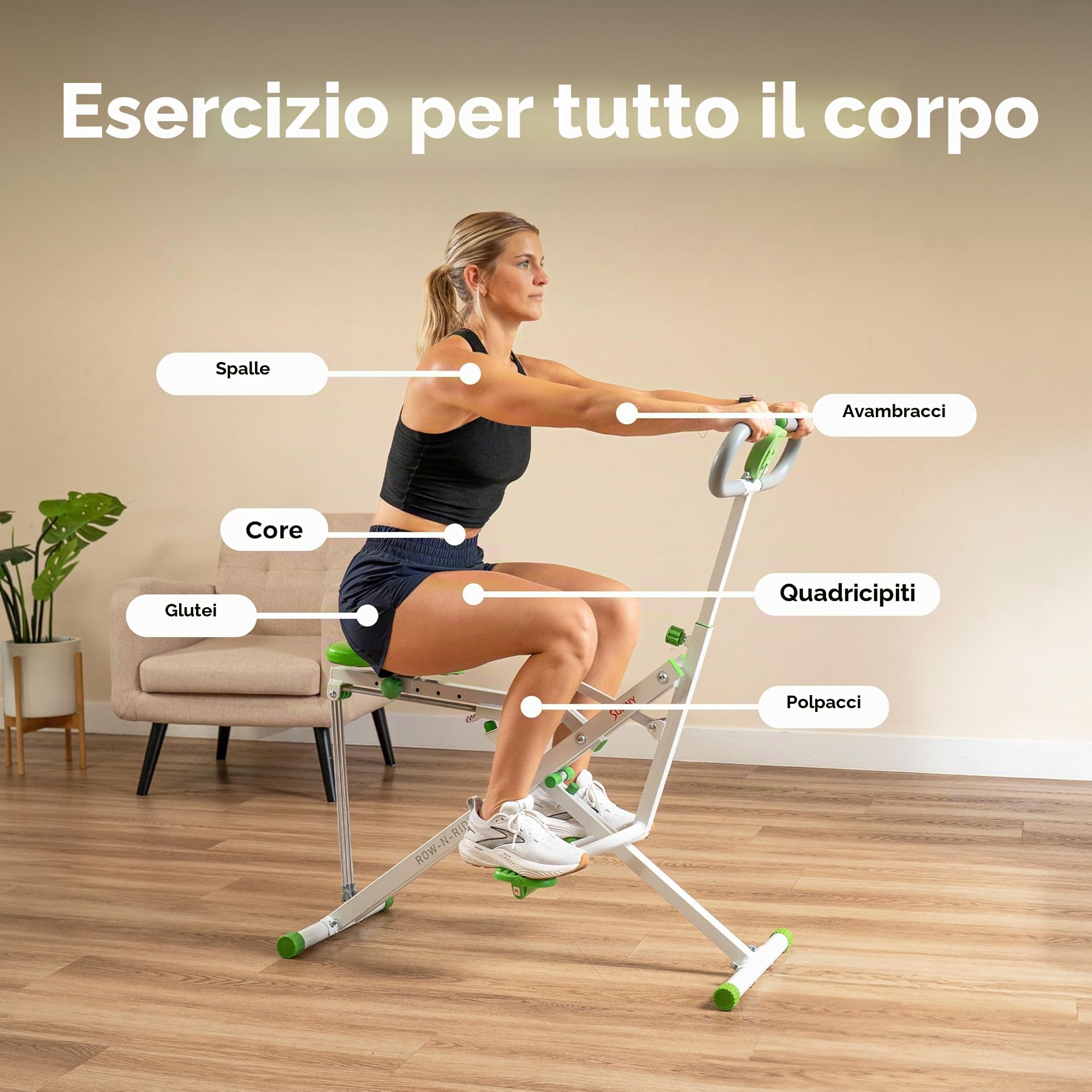 Sunny Health & Fitness Row-N-Ride Smart Pieghevole per Squat e Vogata | Allenamento Glutei e Gambe, 3 Angoli Squat, Resistenza a 4 Livelli, App SunnyFit, Portata 150 kg, Facile da Riporre