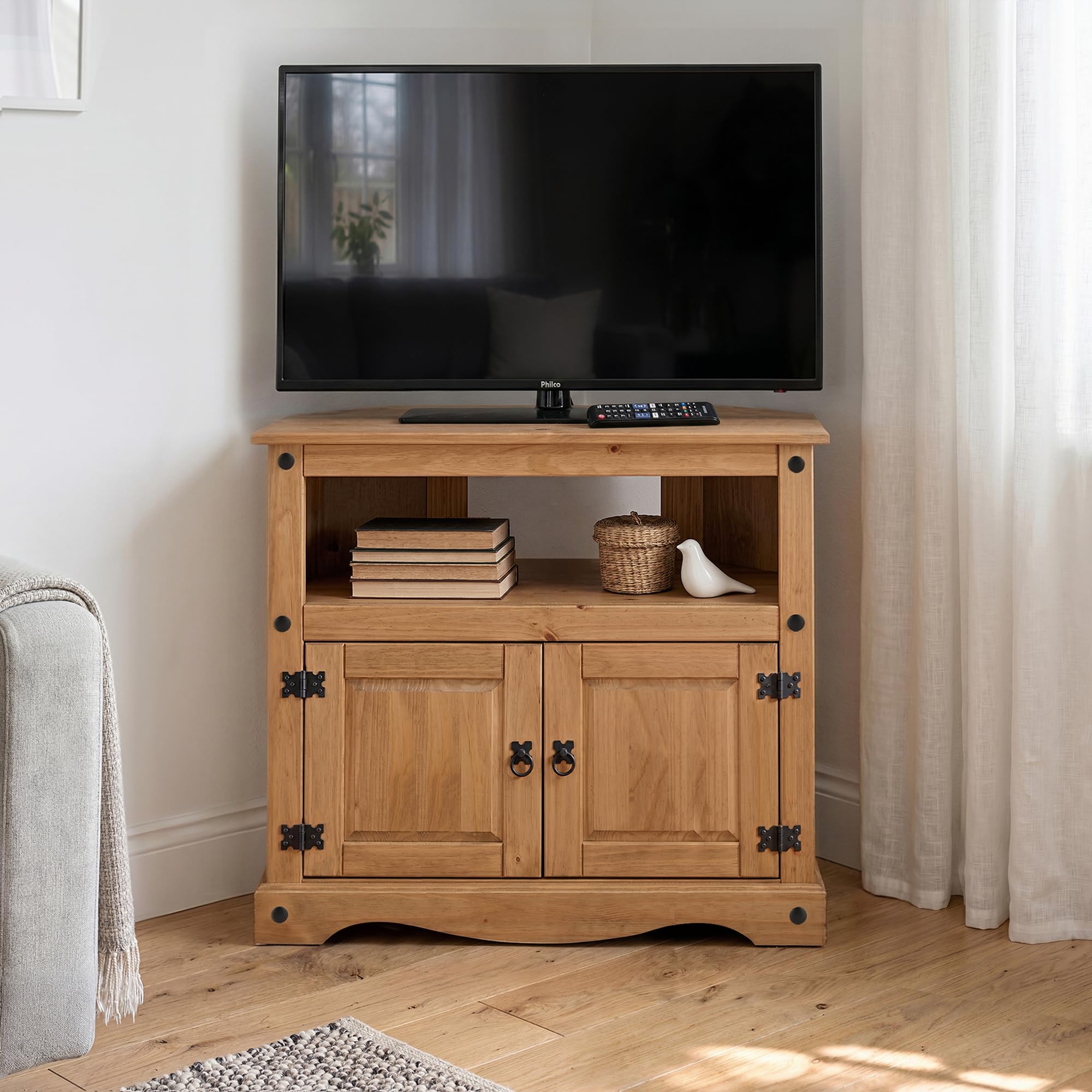 Mercers Furniture Corona Corner TV Unit Solid Wood Pine Wooden Living Room Media Entertainment Television Stand Cupboard Tall Unit Lounge Bedroom Mexcian Style 79cm High 85cm Wide 43cm Deep