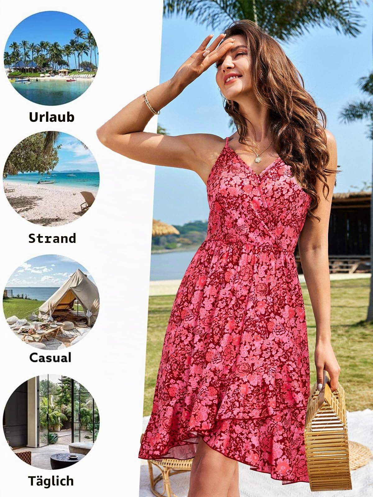 ULTRANICE Damen Sommerkleider Blumenmuster Kleid V-Ausschnitt Strandkleid Verstellbaren Spaghettiträger Rüschen Kleider