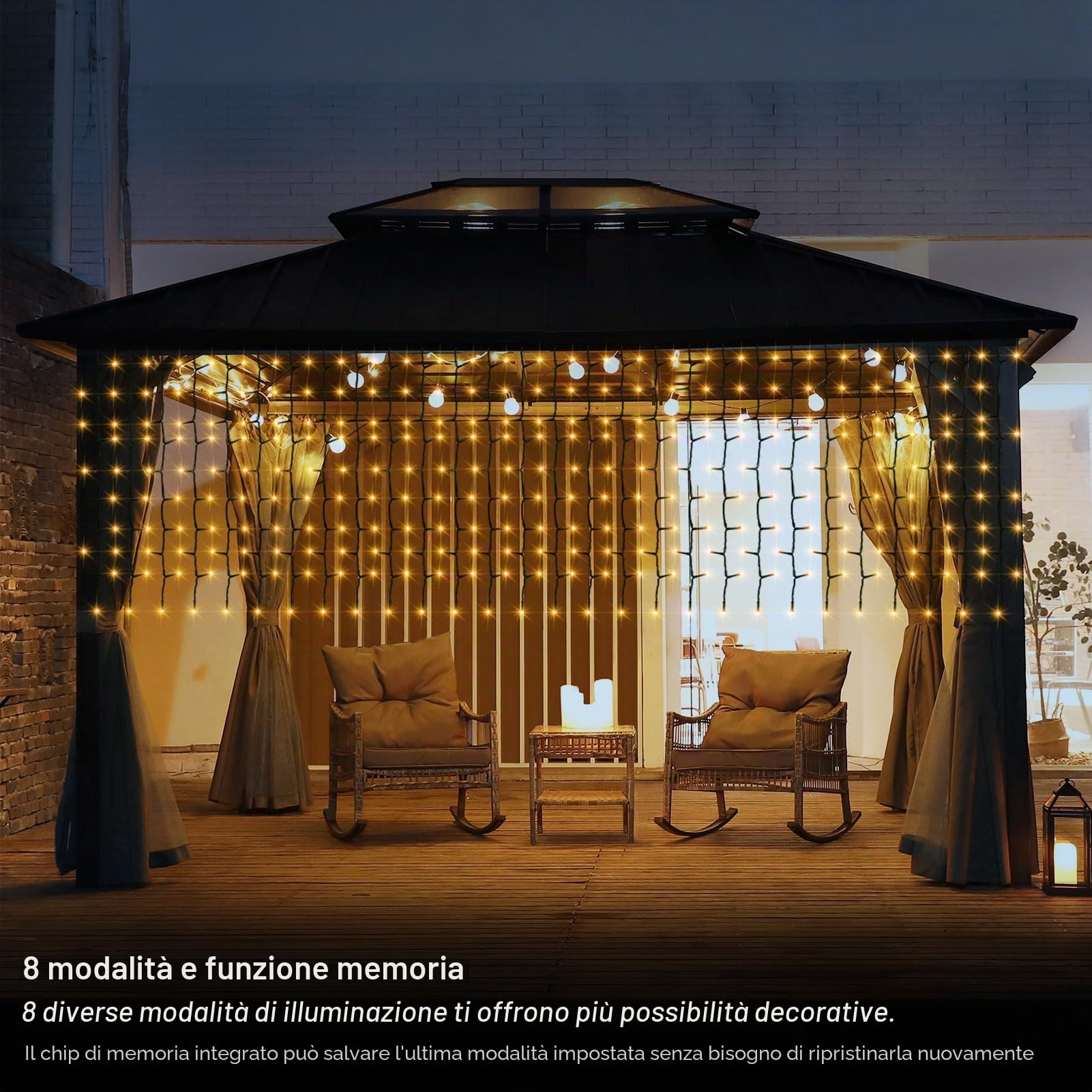 Tenda solare con luci 10 m x 1 m, 500 LED, con telecomando 8 modalità | Filo verde con luci per tenda da giardino, patio, recinzione, gazebo, decorazione (bianco caldo)