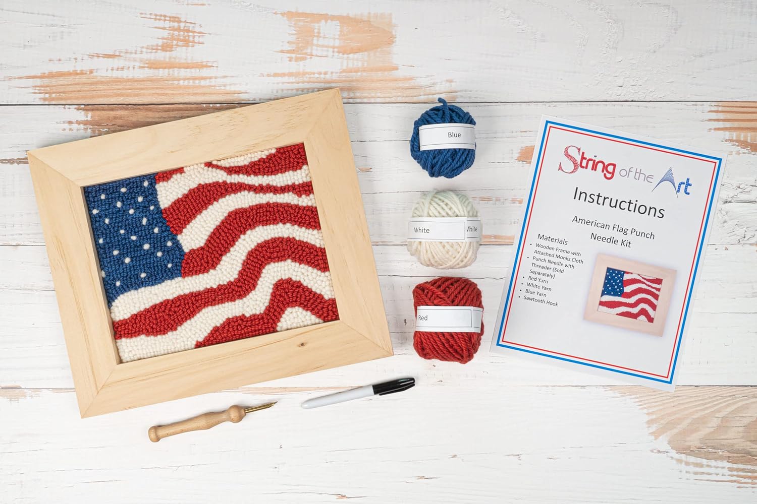 String of the Art American Flag Punch Needle Kit - - Includes Punch Needle Tool, 100% Wool Yarn, Pre-Stretched Monks Cloth on Wooden Frame, and More