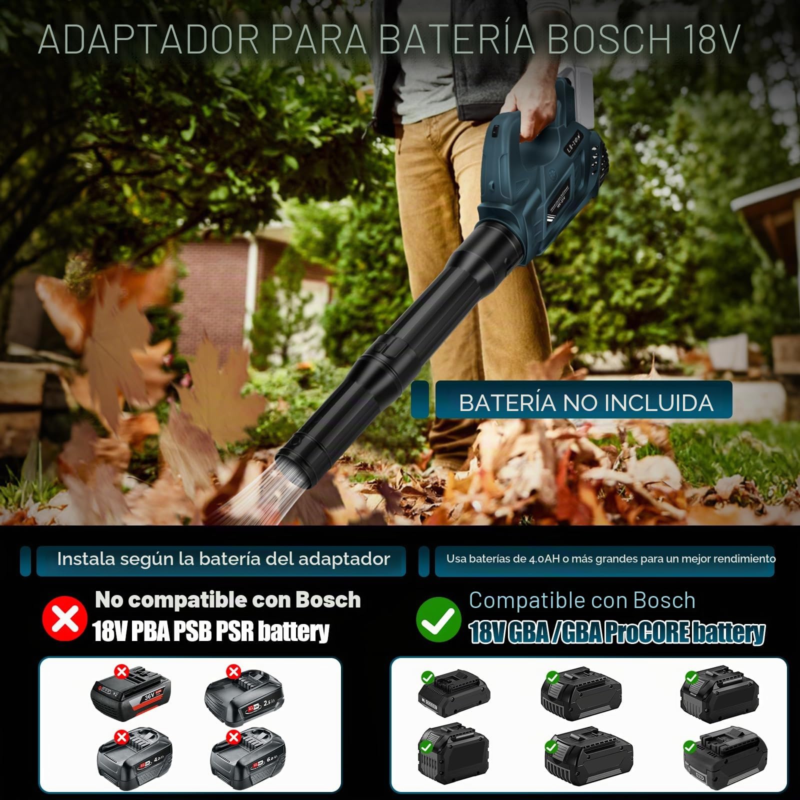 Soplador de hojas inalámbrico compatible con sistema Bosch Professional de 18 V, batería GBA/CORE/ProCORE/AMPShare 18 V, 6 velocidades, soplador de hojas eléctrico sin escobillas, para cuidado del