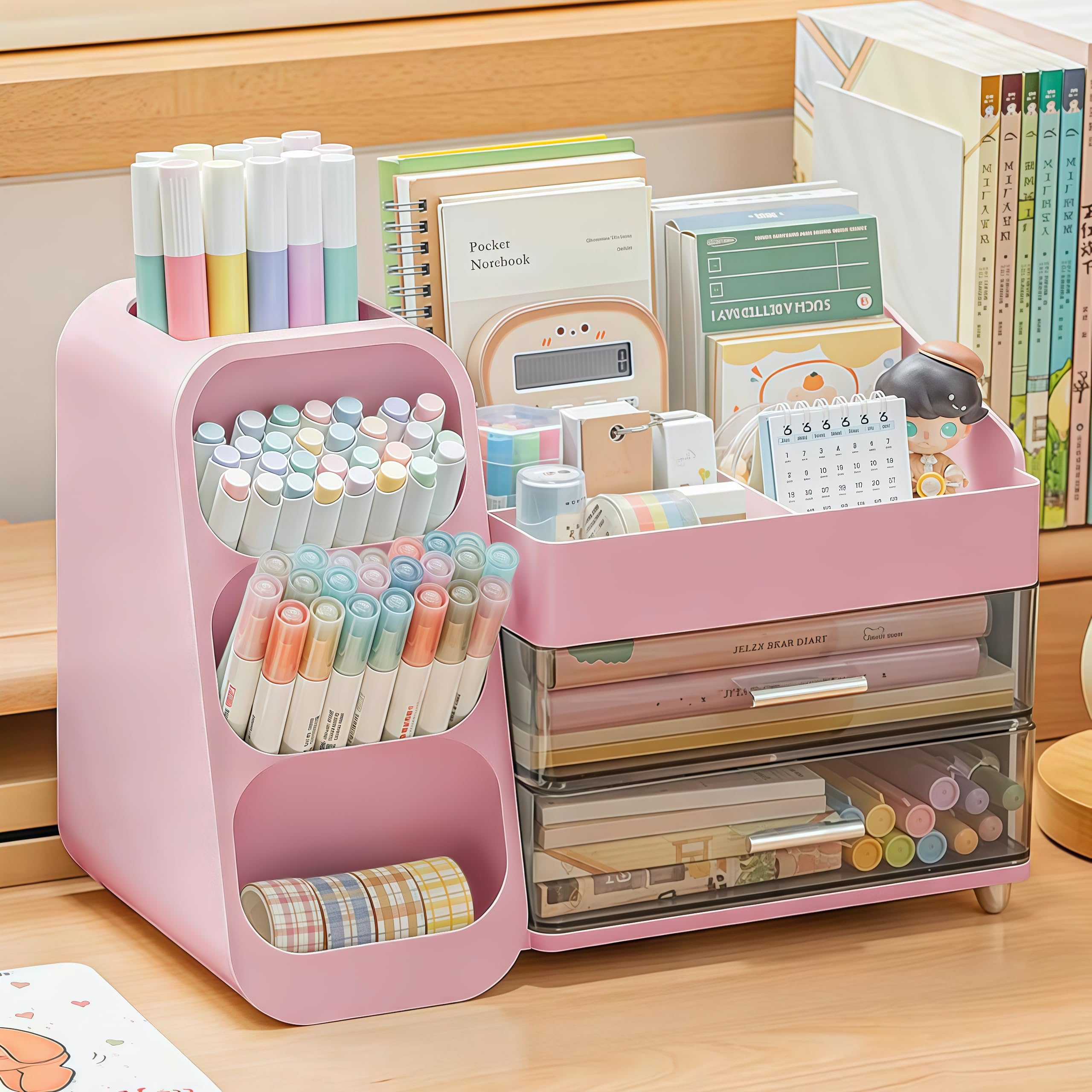 Organizer da scrivania con portapenne, portapenne con 2 cassetti e 4 scomparti, organizer da scrivania e portaoggetti per ufficio, casa, scuola, forniture artistiche (rosa)