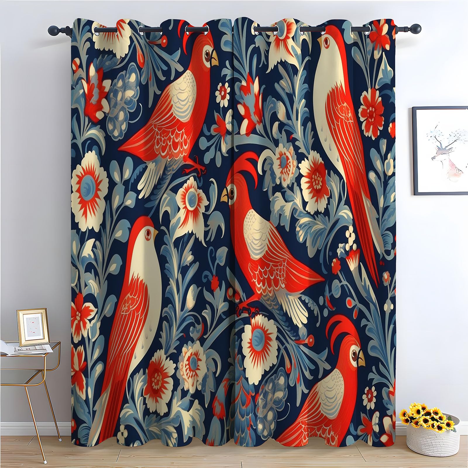 TERUEA Curtains Polyester Folk red crested bird vintage floral botanical Farmhouse Flower Print Decorative Grommet Window Drapes Blackout Curtains for Bedroom-52 W x 120" L (Pack of 2)