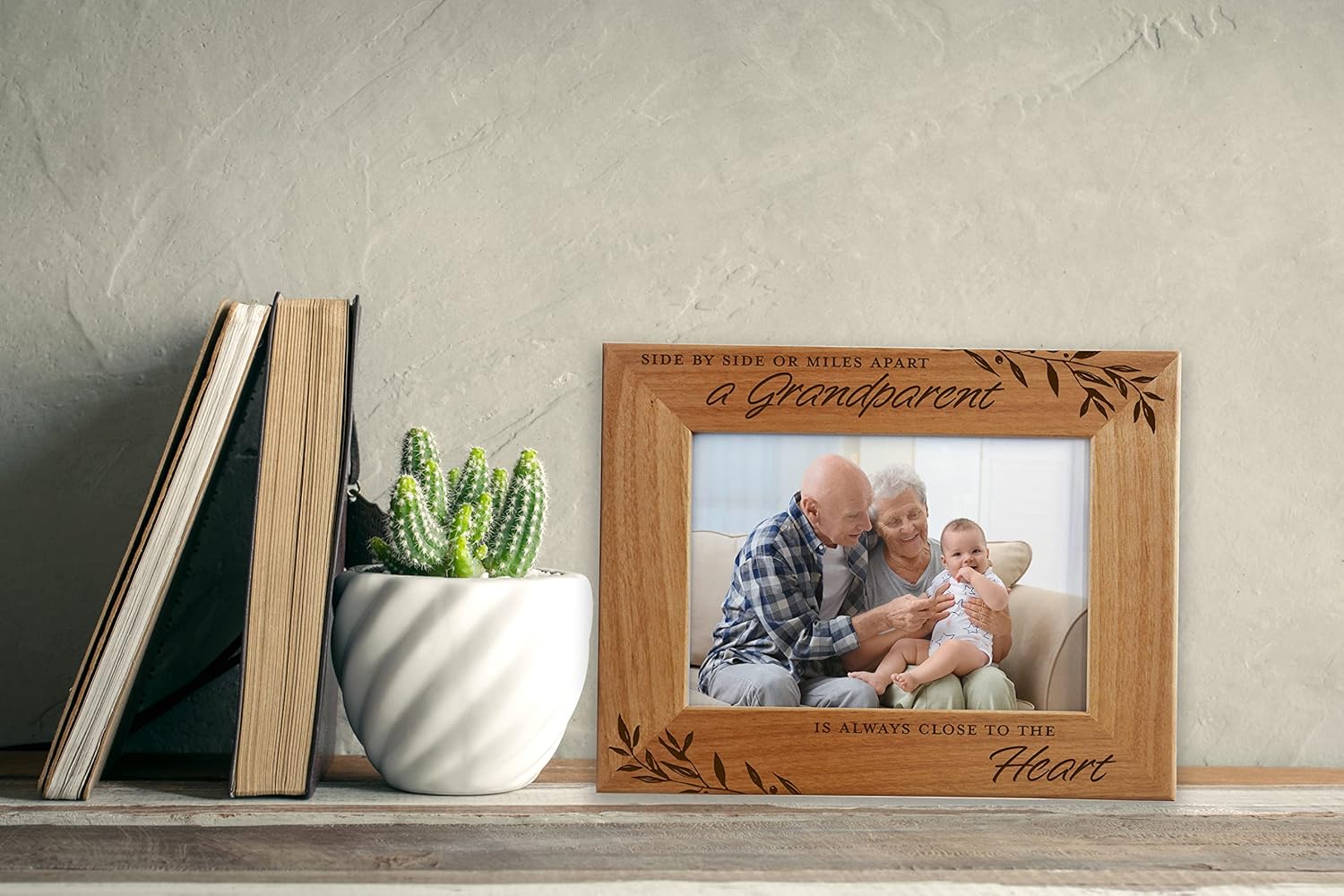 CEDAR CRATE MARKET - Side by Side or Miles Apart A Grandparent is Always Close to the Heart, Engraved Natural Wood Photo Frame Fits 5x7 Horizontal Portrait for Grandparent's Day, Grandma Grandpa Gift