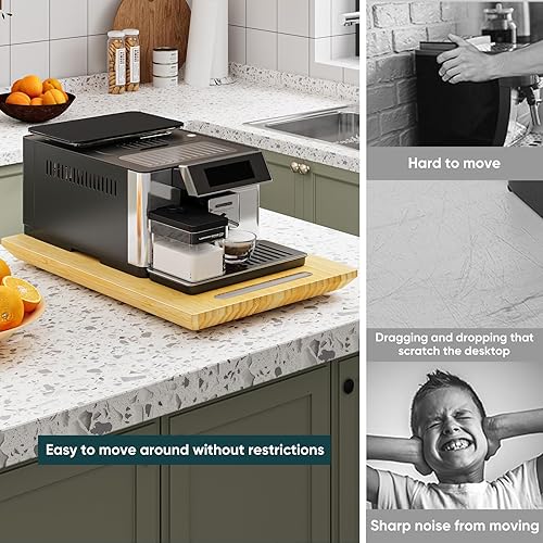Miniatura 5 de Mino Kesper Bandeja deslizante para cafetera, deslizador de electrodomésticos de bambú con ruedas de goma, bandeja enrollable para encimera de