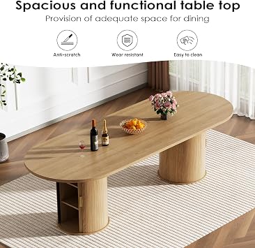63-94 Oval Extendable Dining Table for 6-10 Person, Natural Wood Pattern Expandable Kitchen Table Set with Storage Fluted Base, Space Saving Transformer Dining Room Table for Kitchen,Apartment