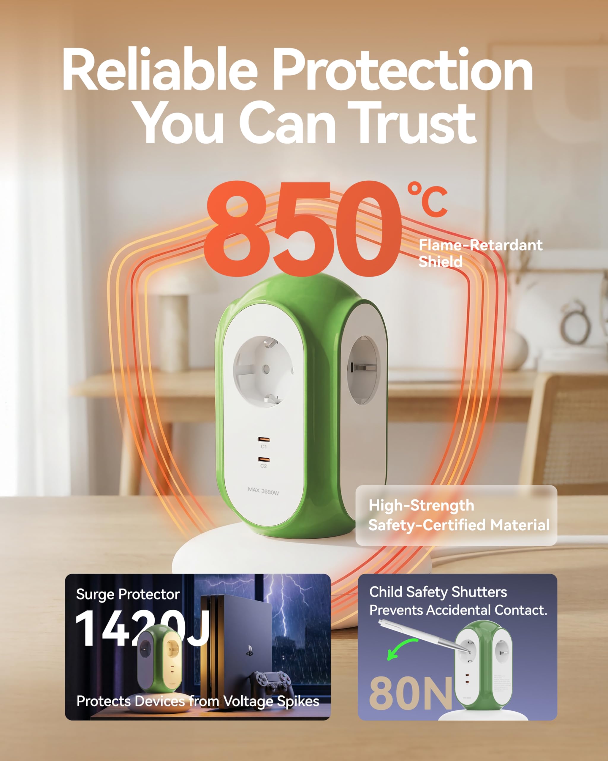MiaoLab Regleta Eléctrica en Torre con 3 Tomas AC y 2 USB-C (Carga Rápida 30W), 3680W/16A, Protección contra Sobretensiones 1420J, Cable de Extensión 2 m, Protección contra Sobreca (Verde Normandia) — view 5