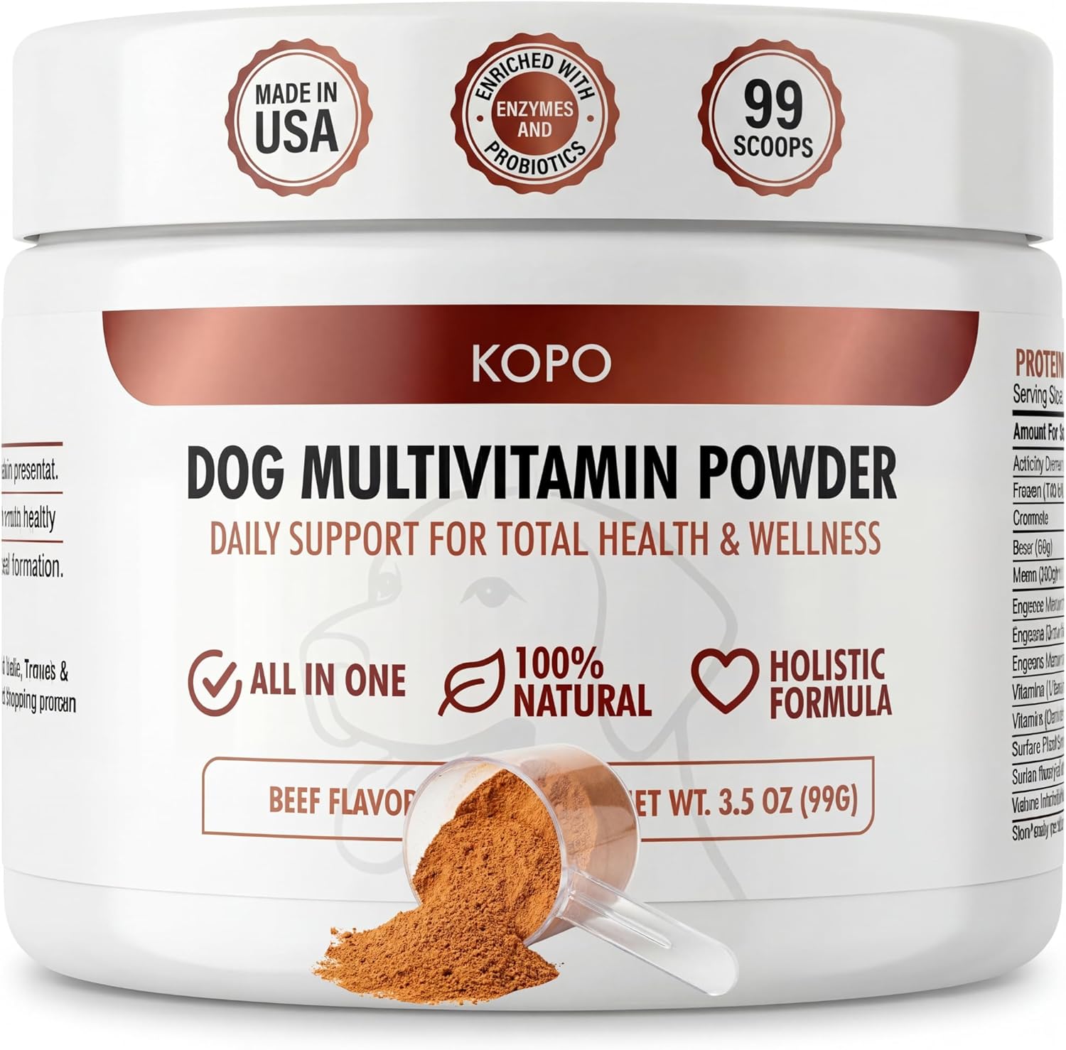 Kopo Dog Multivitamin Powder | Supports Heart, Daily Vitality, Immune Health, Digestion, Skin & Coat and Hip & Joint | For Puppy, Adult & Senior Dogs | Beef Liver Flavor | All Breeds Sizes | 99 Scoops