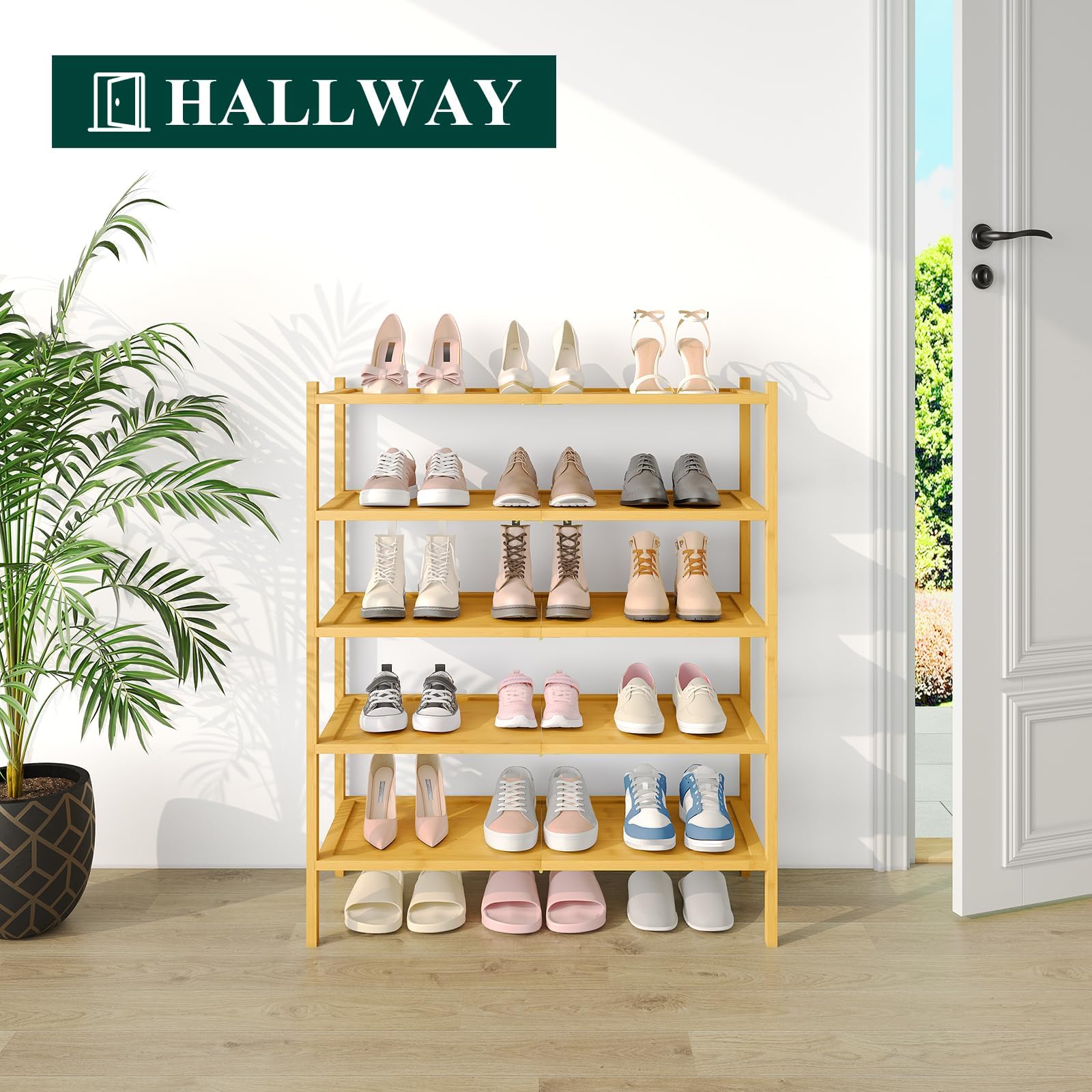 smiry Schuhregal aus Bambus, Stabile Schuhablage, Platzsparend Schuhständer für Schuhe, Handtasche, Pflanzen, Flur, Wohnzimmer, Schlafzimmer - 5 Ebenen, Natur