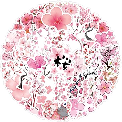 Sakura Stickers, 50PCs Pack, Cherry Blossom Waterproof Vinyl Decals for Laptop, Hydro Flask, Water Bottle Phone Stickers for Teens, Durable Party Supply Decals as Gifts (Sakura)