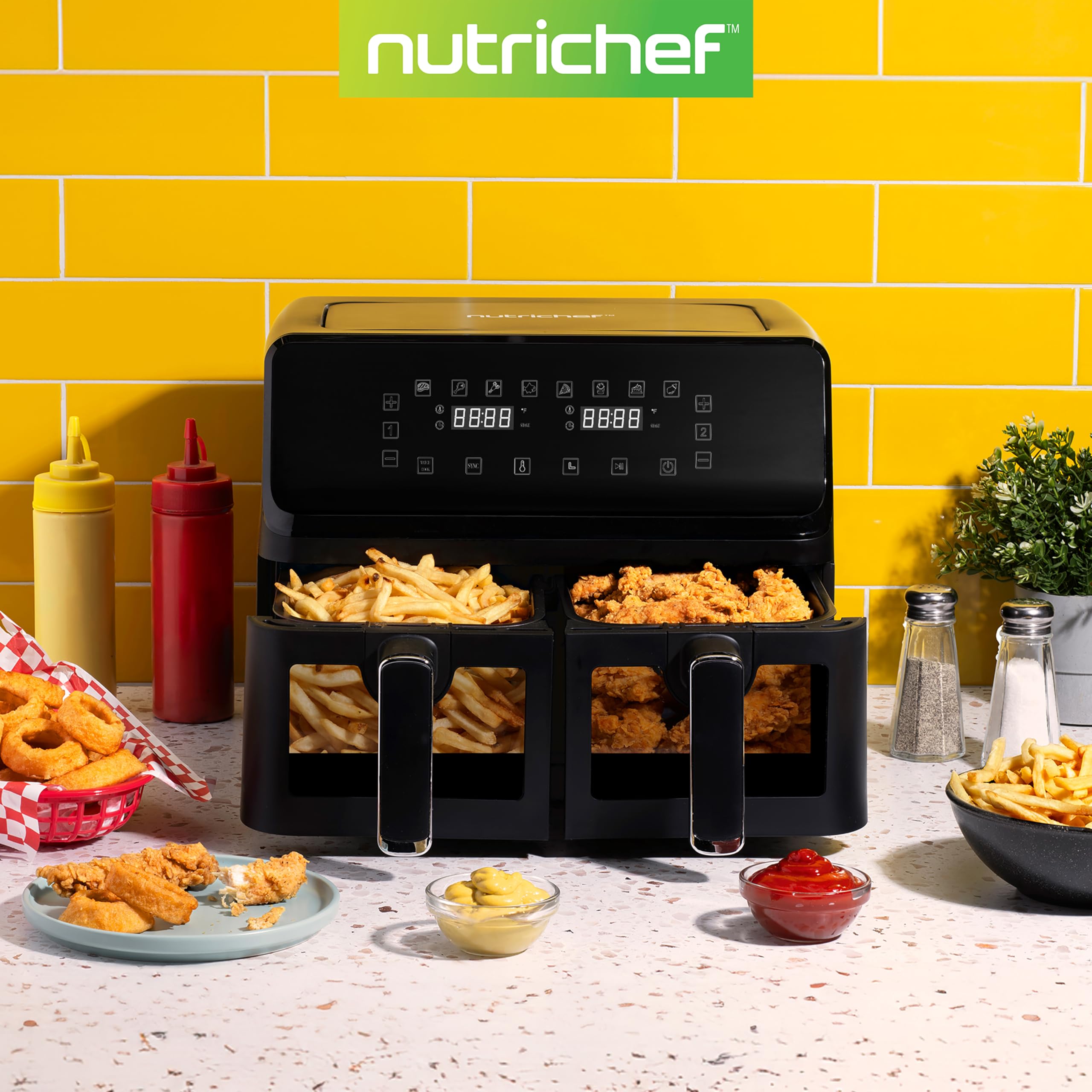 NutriChef Friggitrice ad Aria, Air Fryer Forno Digitale Senza Olio con Cestello o Ciotola Trasparente, Controllo Preciso di Tempo e Temperatura, Perfetta per Pollo, Dolci, Patatine e Bistecca