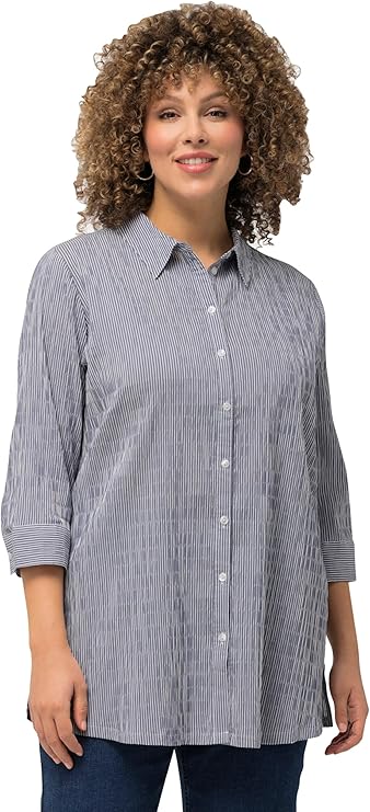 Ulla Popken Blusa Bubble, Rayas, Cuello Camisero, Manga 3/4 797458