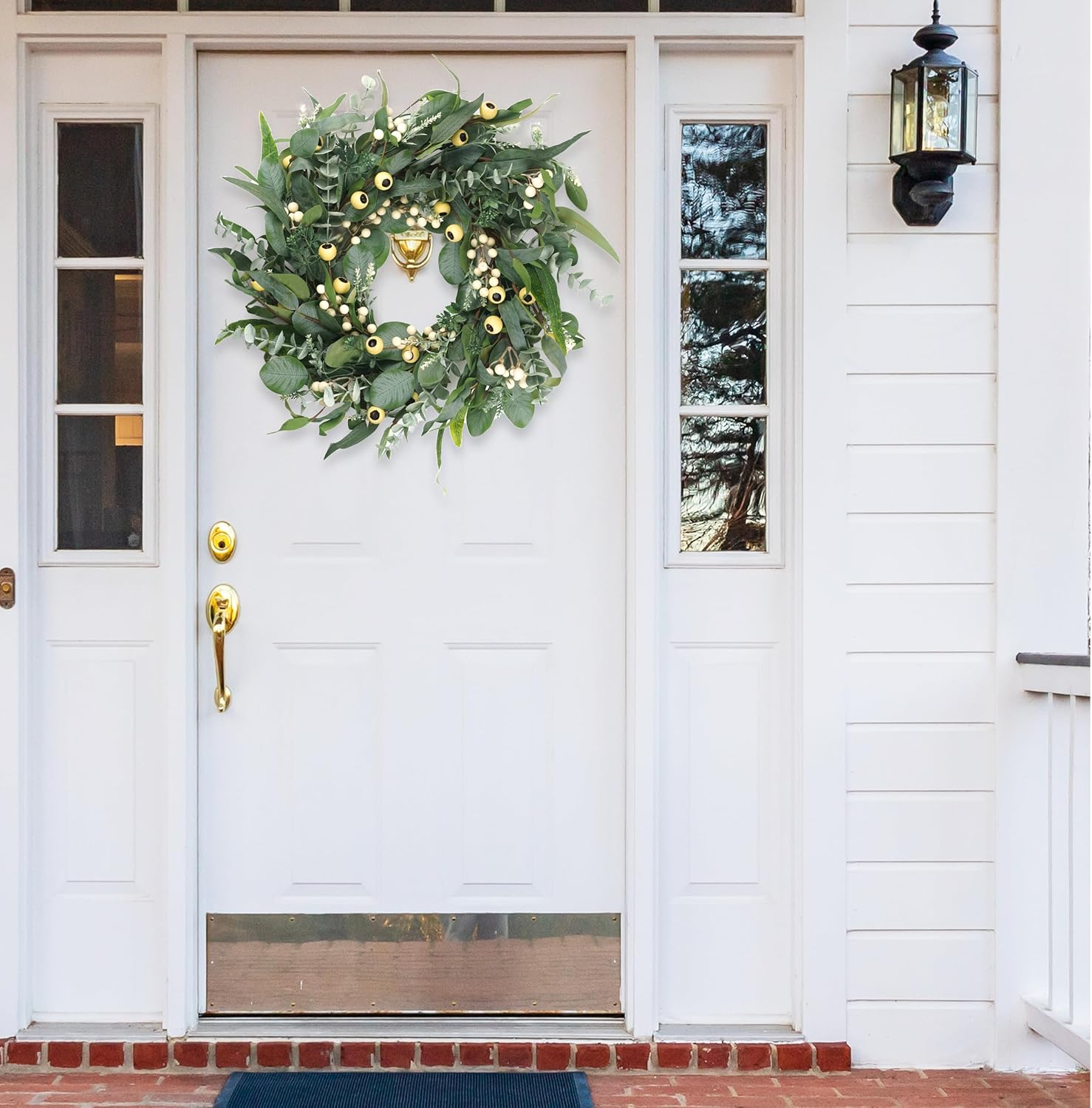 Wreaths for Front Door 22 Inch, All Season Greenery Wreath Olive Eucalyptus Leaves and White Mixed Berry for Indoor Outdoor Farmhouse Home Porch Wall Window Festival Wedding Decor - Image 5